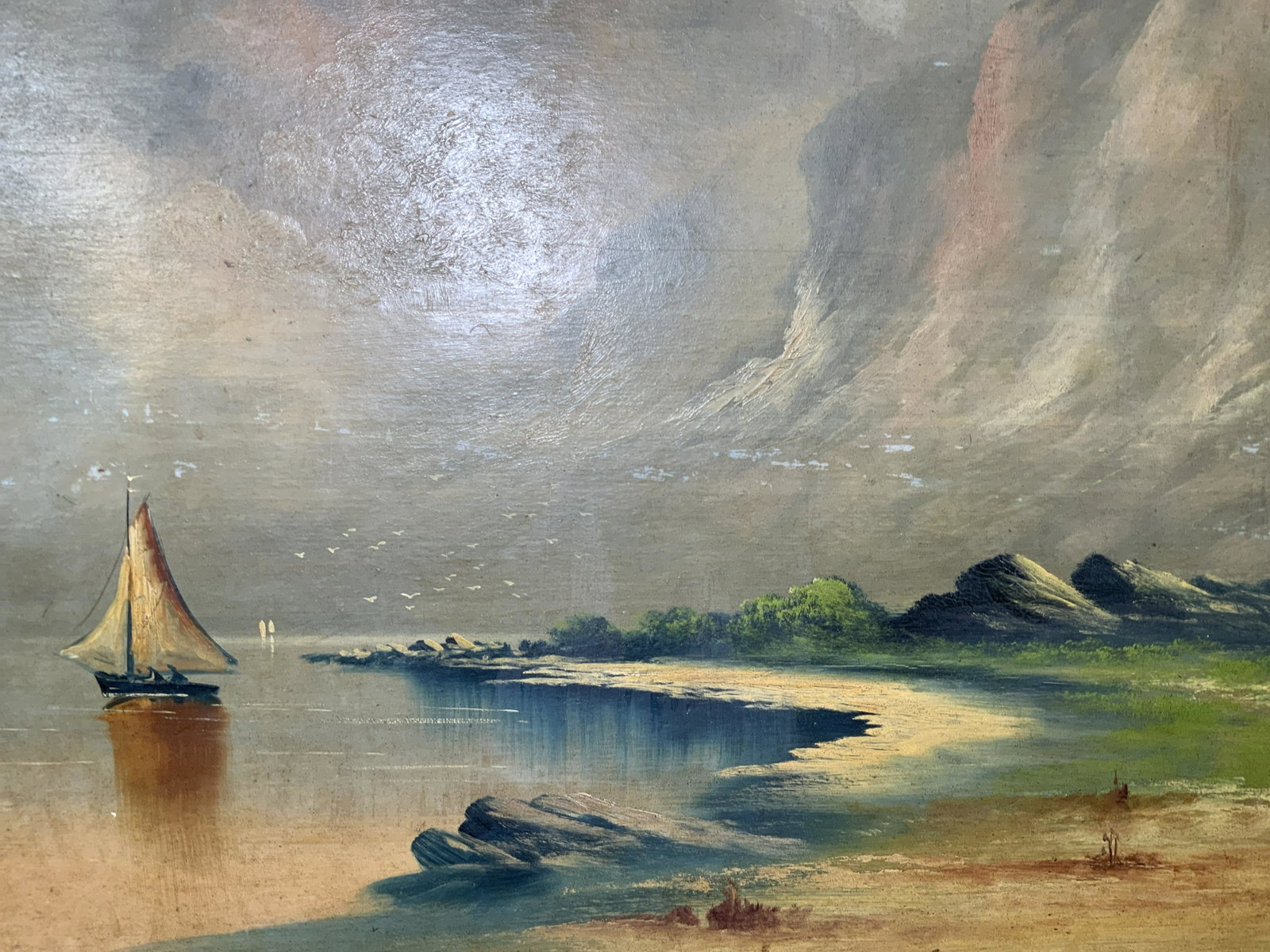 O. Rife Signed Oil on Board of Landscape: O. Rife Signed Oil on Board of Landscape, signature to lower right read ‘O. Rife 201’, shows a seascape with a sail boat, frame measures 41 1/2 x 28 inches, window measures 37 1/2 x 24 inches, orn