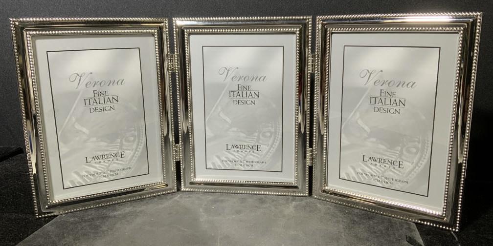 Tri Fold LAWRENCE Picture Frame: Tri fold picture frames, by LAWRENCE FRAMES. Frames read as VERONA, FINE ITALIAN DESIGN, LAWRENCE FRAMES, FOR YOUR 5 X 7 PHOTOGRAPH. Frames are polished metal, beaded design. Measures approx 17.5 inch