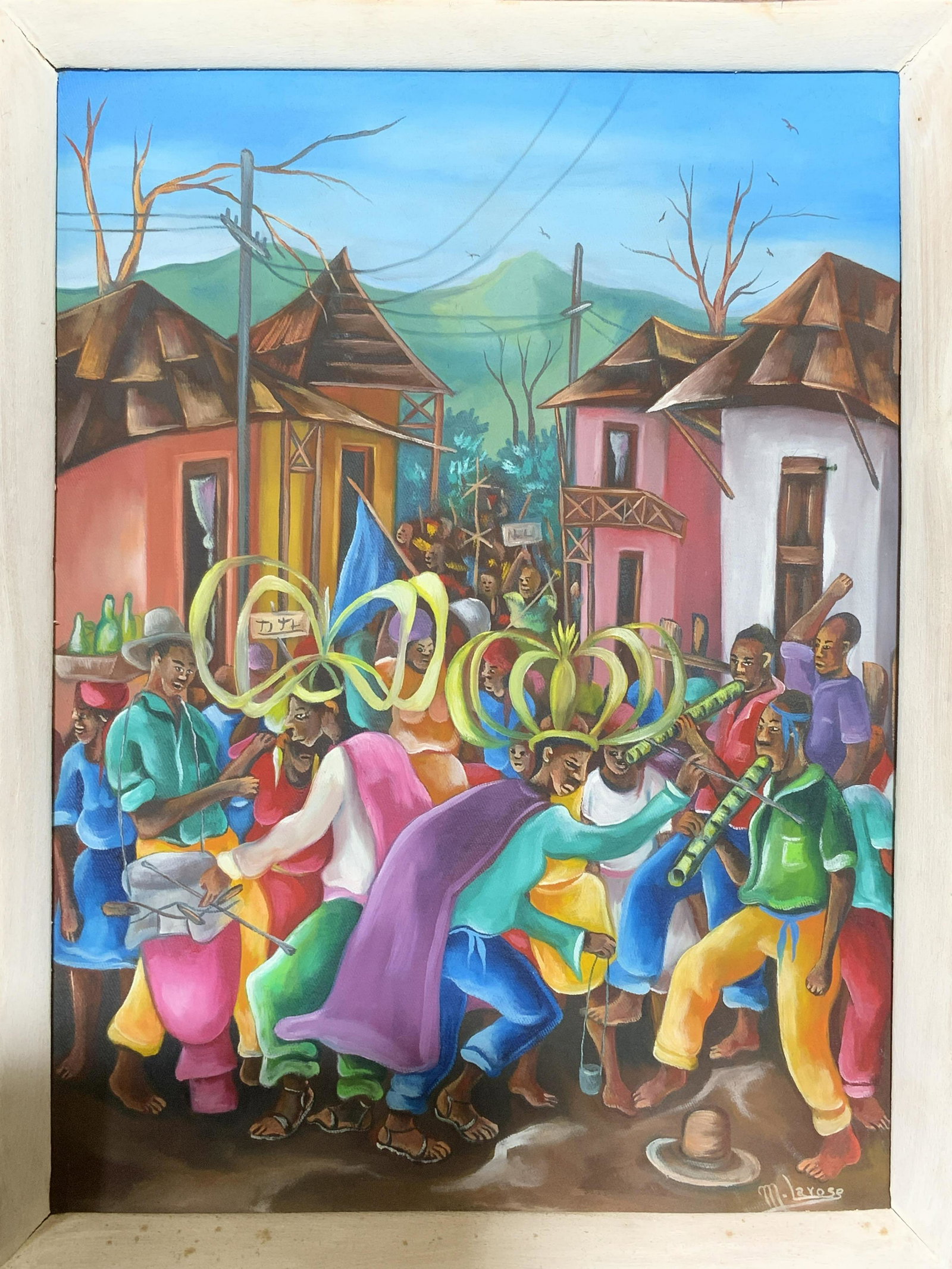 M. Larose Signed Acrylic on Canvas Festive Scene: M. Larose Acrylic on Canvas Festive Scene, signature to lower right reads â€˜M. Laroseâ€™, subject a festival scene showing townspeople celebrating, some are wearing capes and and crowns made