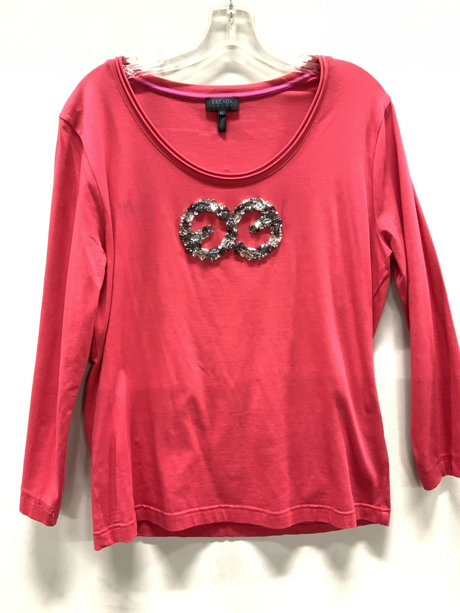 ESCADA SPORT Ladies Long Sleeve T Shirt: Pink cotton Long sleeve shirt, wide scoop neck, size XL, front side with rhinestone design, labeled luxury designer. Property of Manhattan, NY Estate Ladies Wearables, Vintage Luxury Fashion, Ladies C