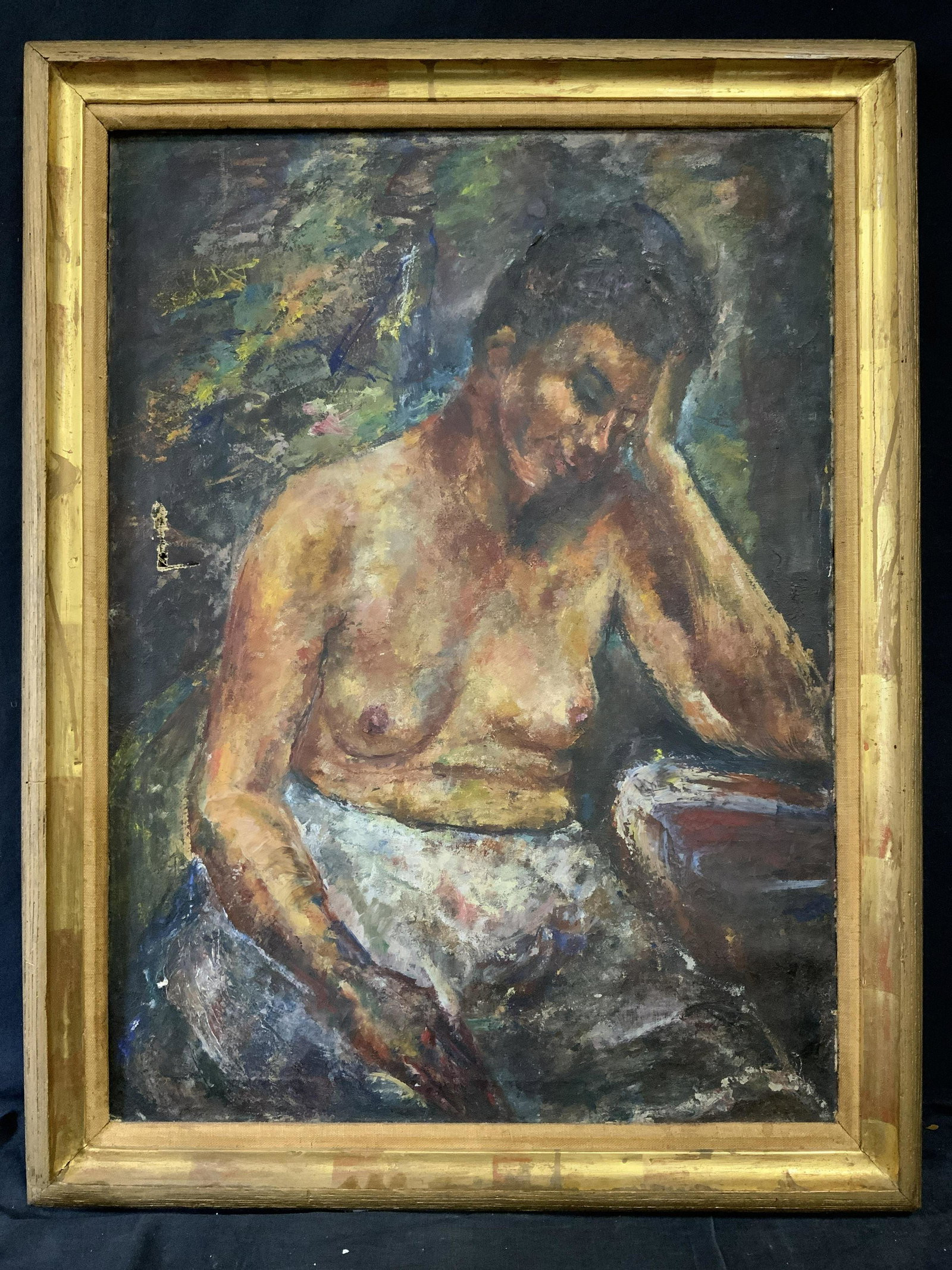 Nude Female Painting Oil on Canvas: Nude Female Painting Oil on Canvas, no apparent inscriptions to piece, shows a woman seated on a chair while leaning on a desk, in nude, frame measures 29 3/4 x 38 3/4 inches, window measures 24 1/2 x