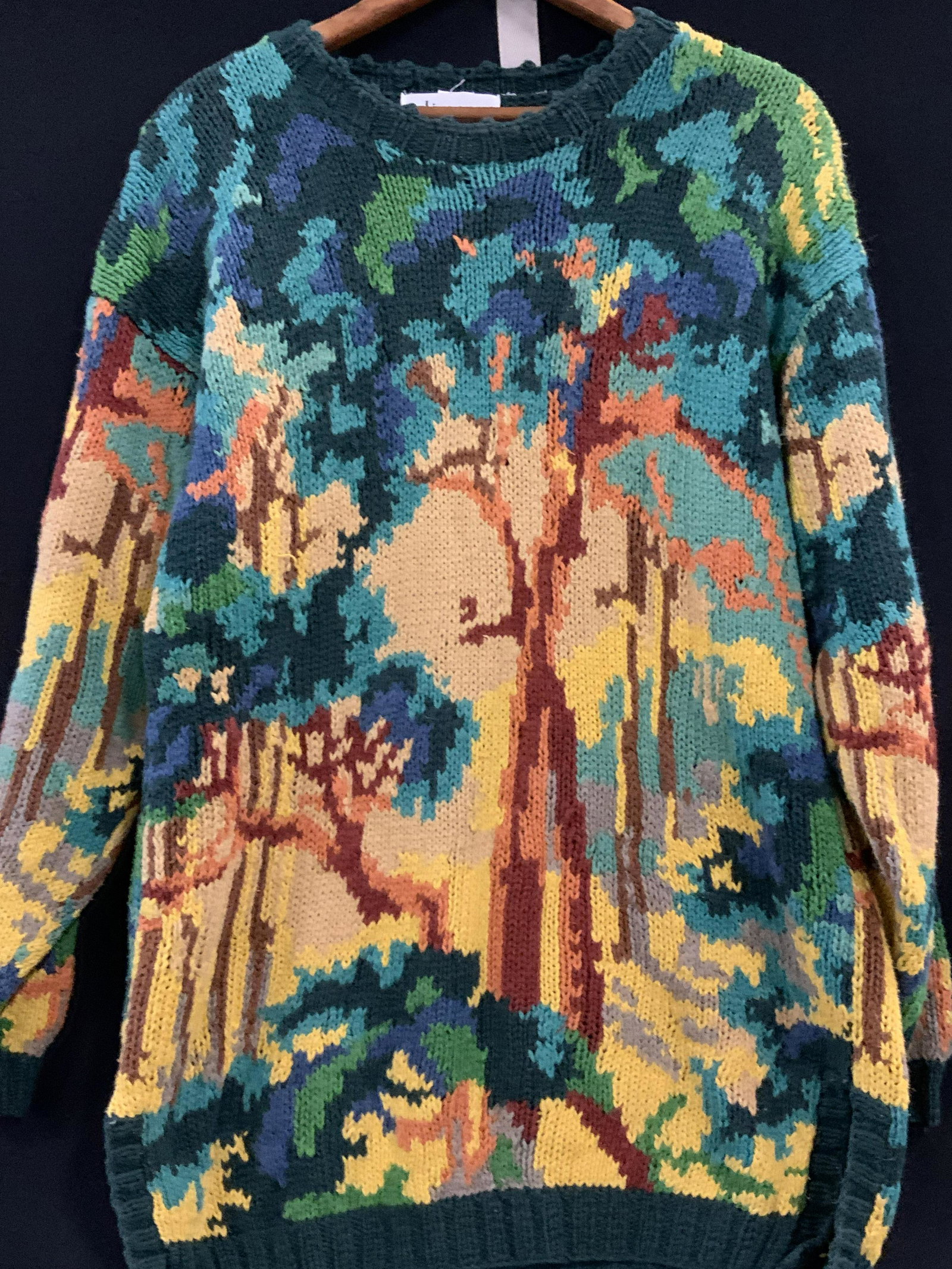 Celina Yang Knit Cotton Sweater, unisex: Vintage Sweater, knit, cotton yarn, depicts scenery of forest. Multi colored. Size Small, appears to fit large, and medium, possibly XL. Unisex. Possibly hand knit. 30 in. Long. Sweater, cotton sweate