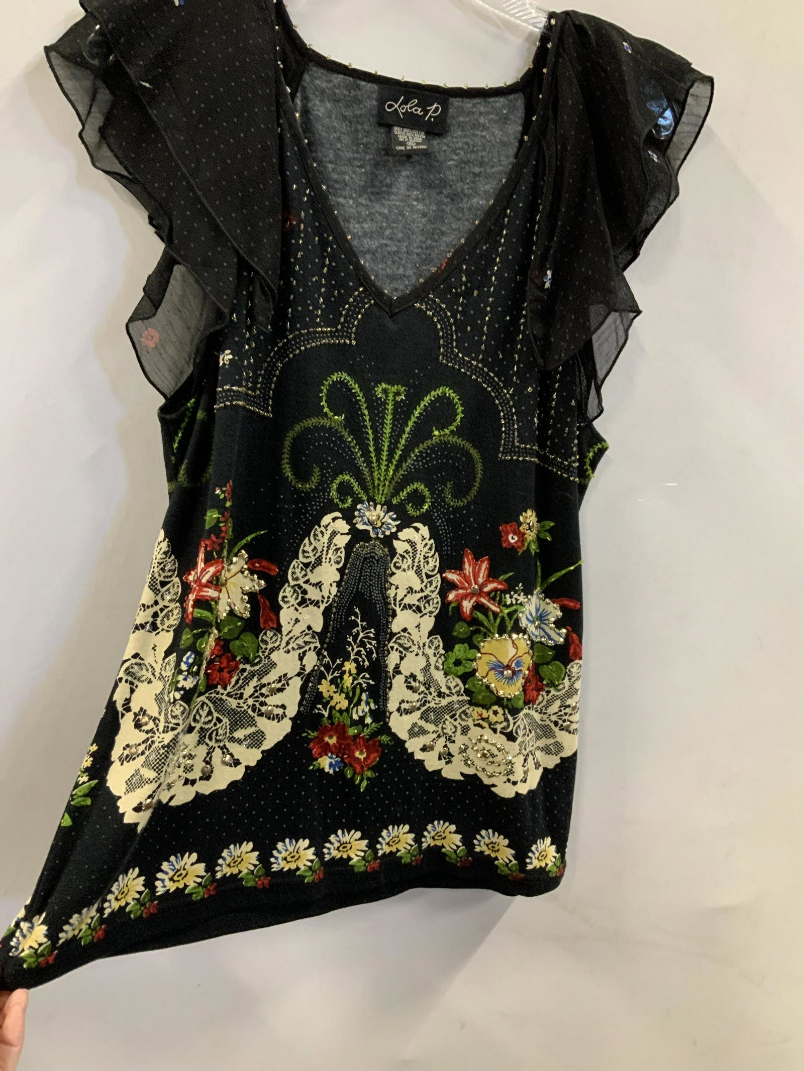 Lola P Bohemian Knit & beaded Top: Size XL, cotton knit fabric with layered sheer rayon sleeves. Floral design outline with hand sewn beading. Lola P Designer brand, Ladies wearables, ladies fashion, ladies short sleeve sweater top, la