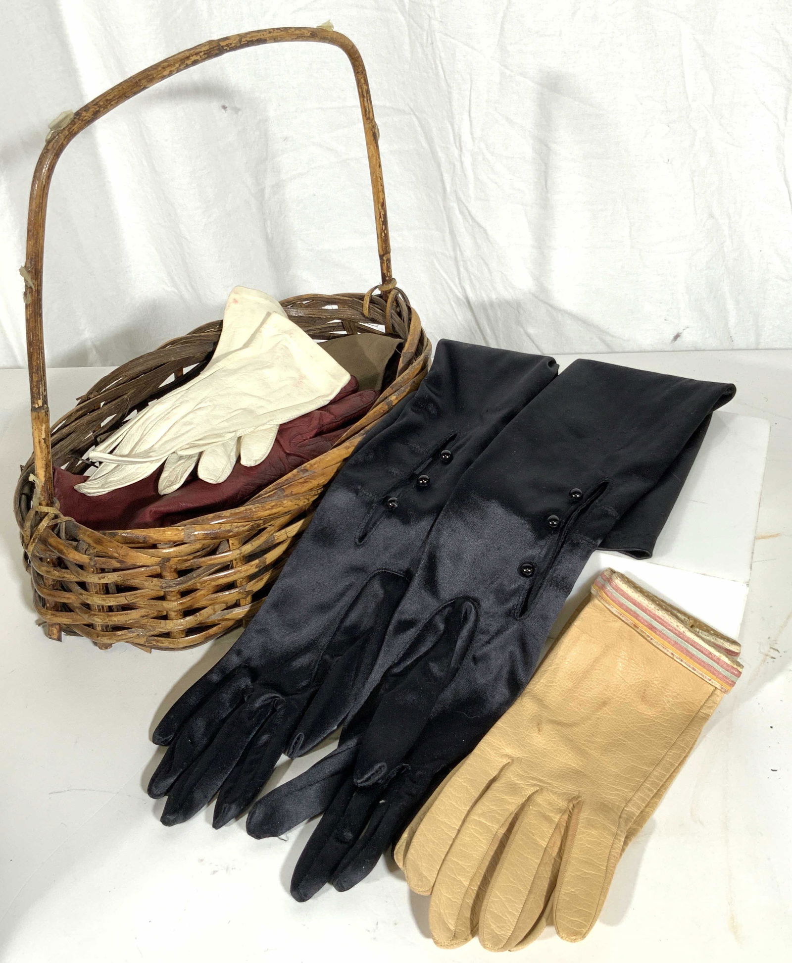 Vintage Leather, Suede & Nylon Gloves In Basket (1 of 9)