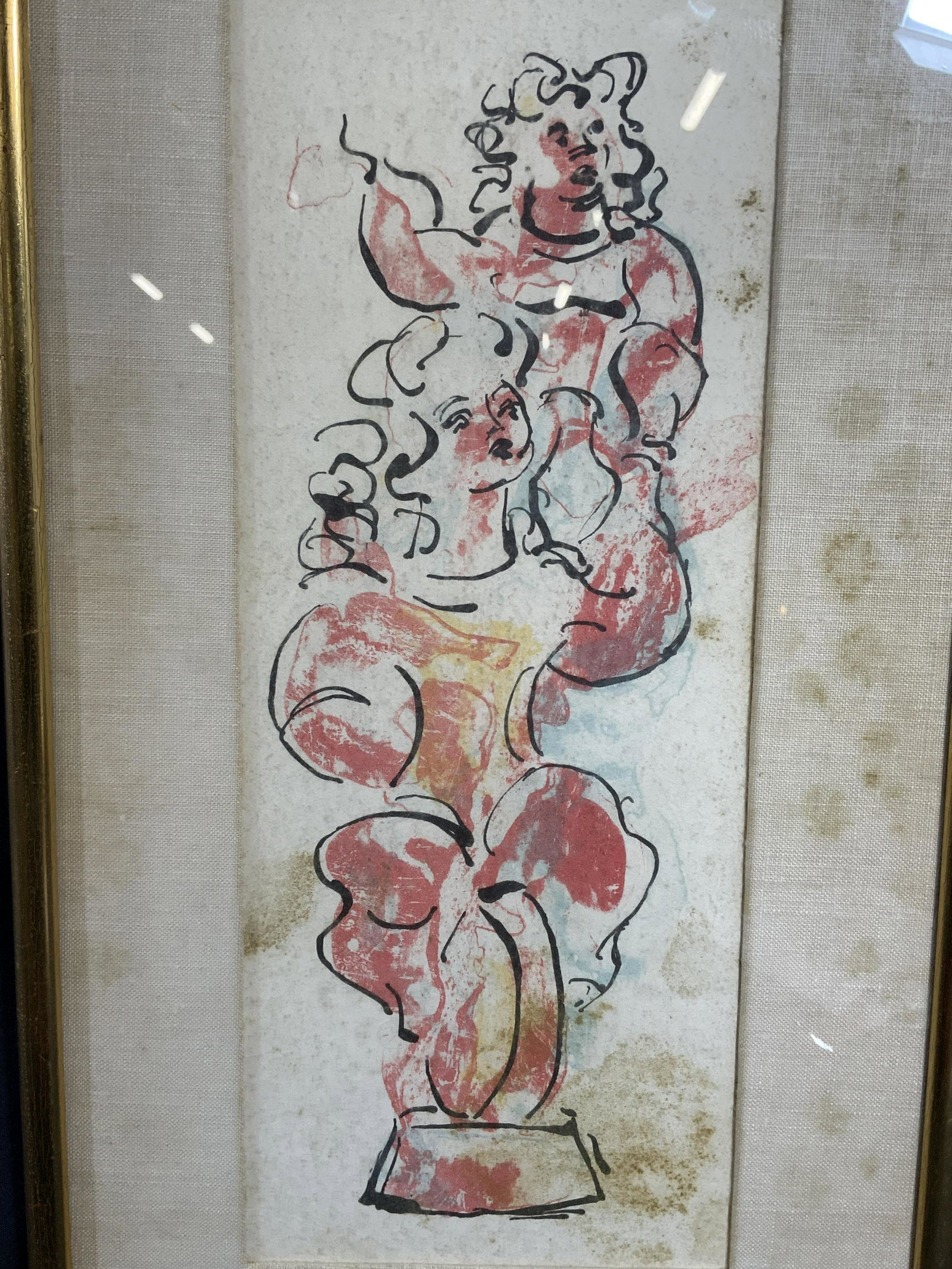 Chaim Gross Monoprint of Two Woman: CHAIM GROSS Monoprint, signature to lower right reads â€˜CHAIM GROSSâ€™, â€˜APâ€™ to lower left, subject bust of two women, measures 10 3/8 x 18 7/8 inches, window measures 5 3/8 x 1