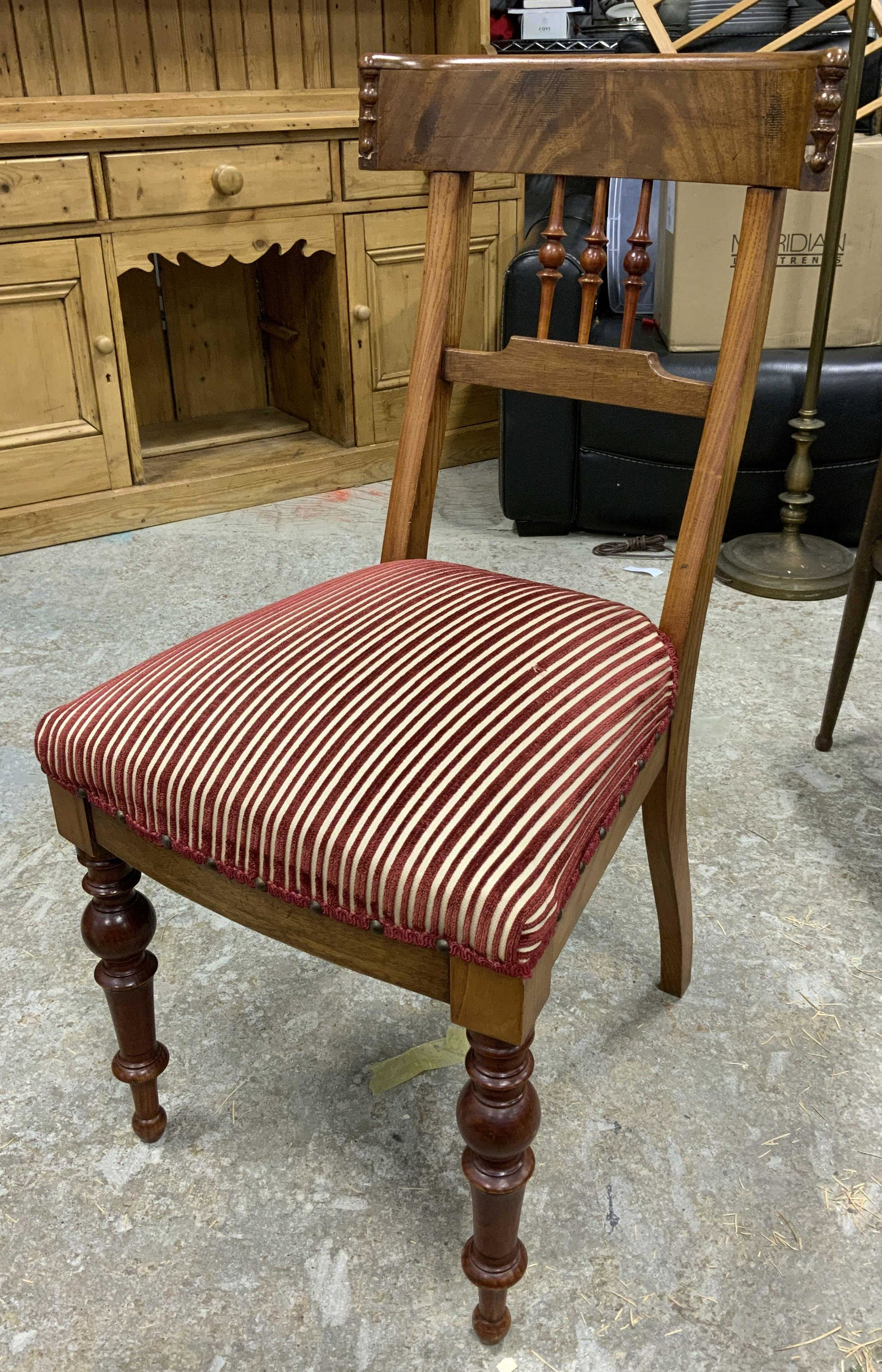 Vintage Upholstered Side Chair: Side chair is vintage possibly antique. Piece has upholstery seat cushion with cranberry and cream striped detail & gimp edges. Chair is wooden. Piece measures approx, 35.75 inches h, 17 inches w, 18.