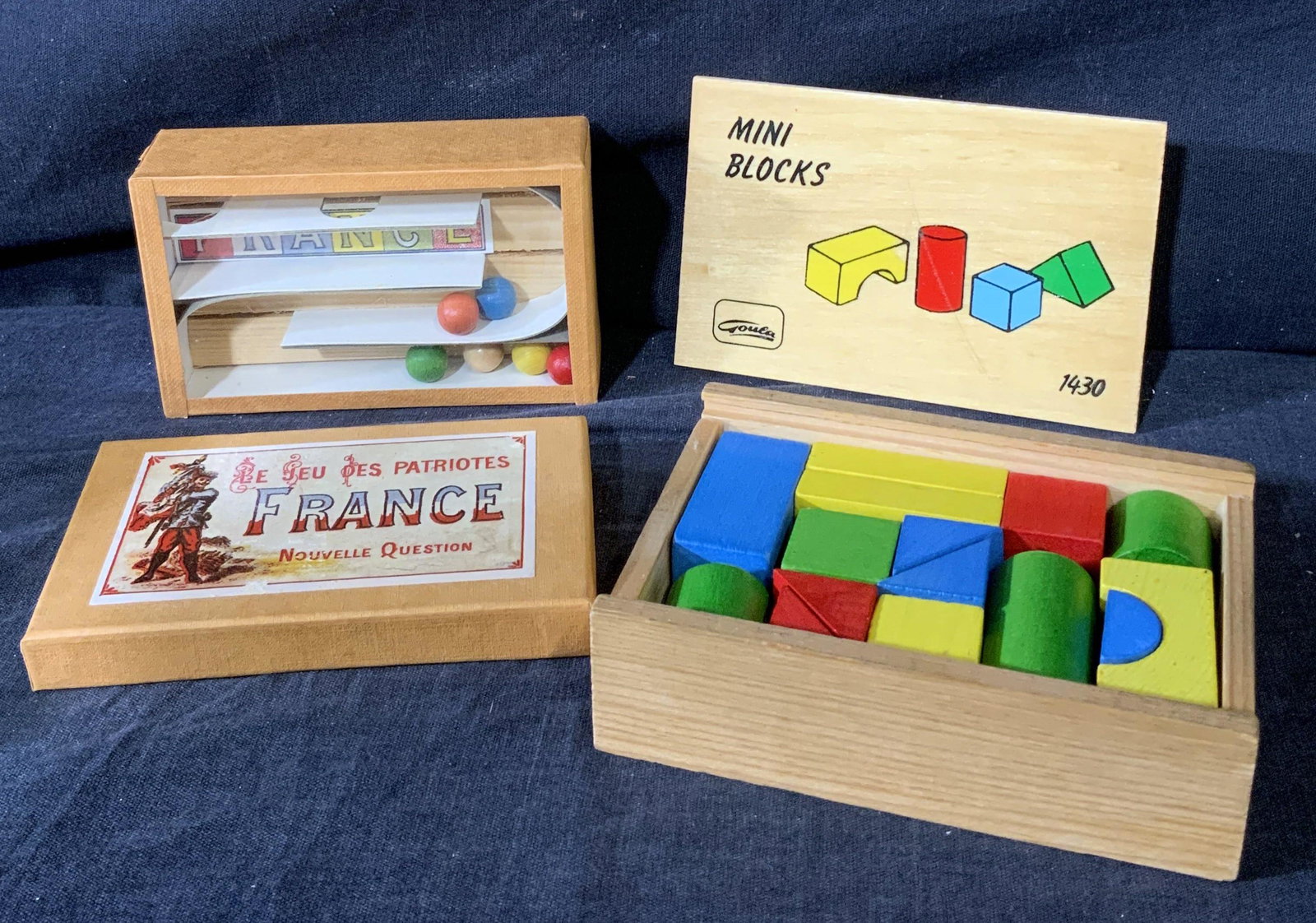 Vintage Mini Tabletop Decorative Games: Vintage Mini Tabletop Decorative Games, measure 4 1/4 l x 2 5/8 w x 1 1/8 h inches and 4 3/8 l x 3 1/8 w x 1 1/4 H inches, wear consistent with age and use. Oddities, tabletop oddities, tabletop decor
