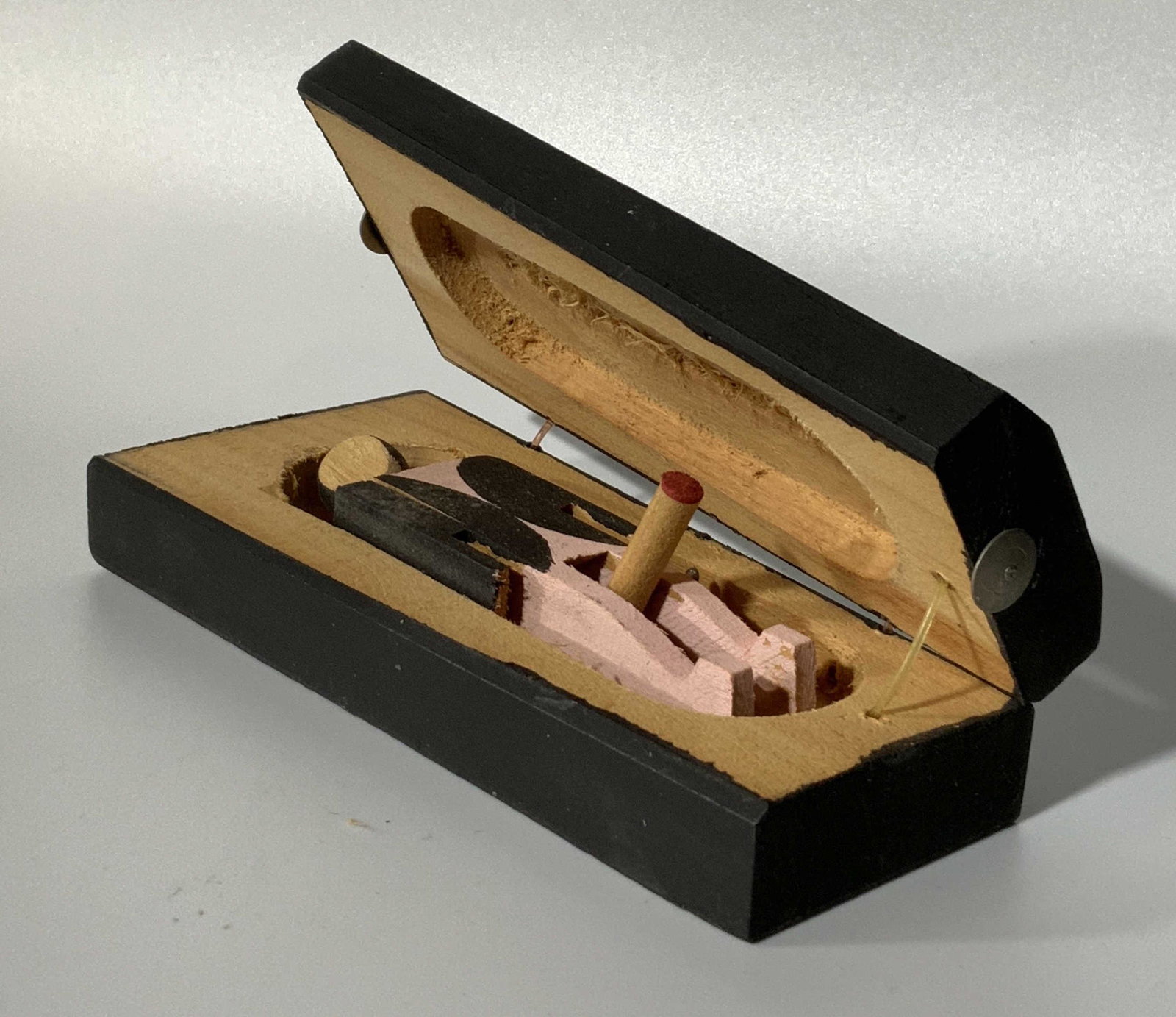 Misterio Erotic Man in Casket made of Wood Figural: Erotic Gag Gift Of Man in Casket made of Wood, casket reads â€˜misterioâ€™, measures 4 7/8 l x 2 1/4 w x 1 1/4 h inches, wear consistent with age and use. Adult, adult toys, gag gift, erotic 
