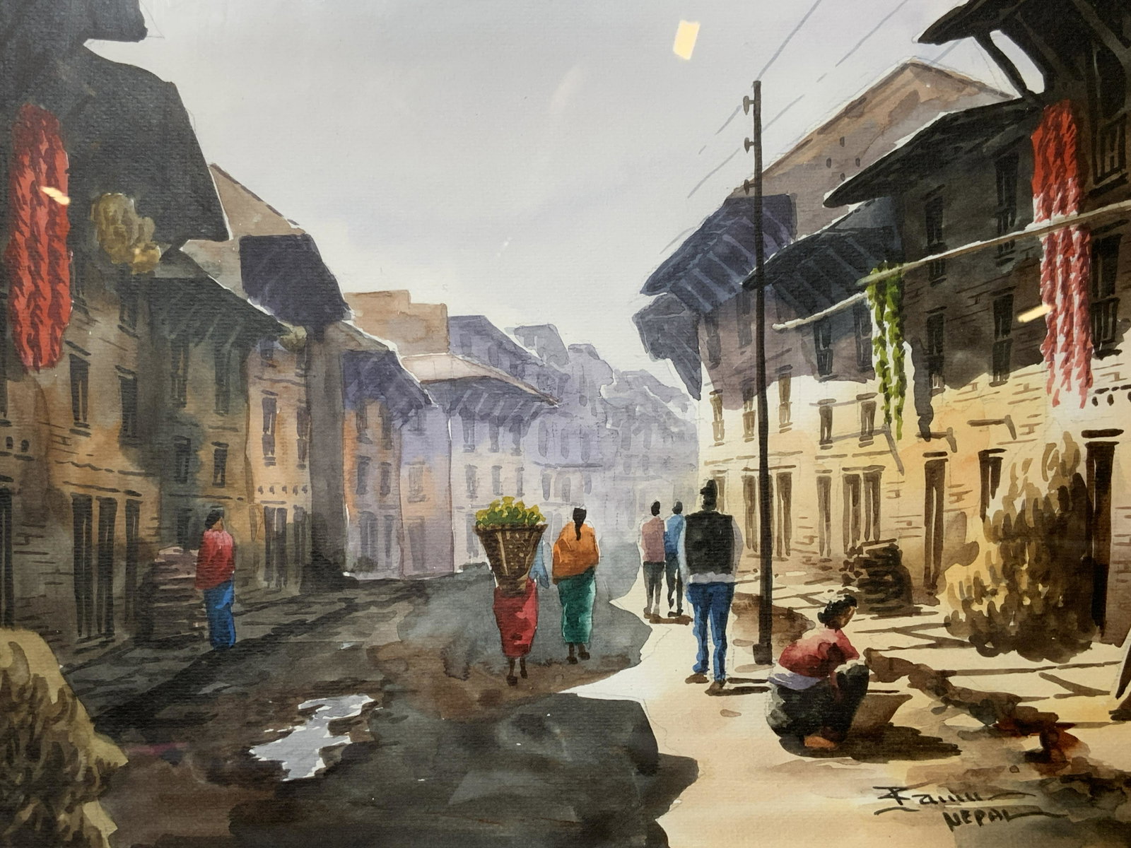 Signed Nepal Street Water Color: Signed Nepal Street Water Color, signature to lower right illegible, additional marking reads â€˜NEPALâ€™, subject a city street in Nepal with pedestrians, frame measures 18 x 14 inches, fram