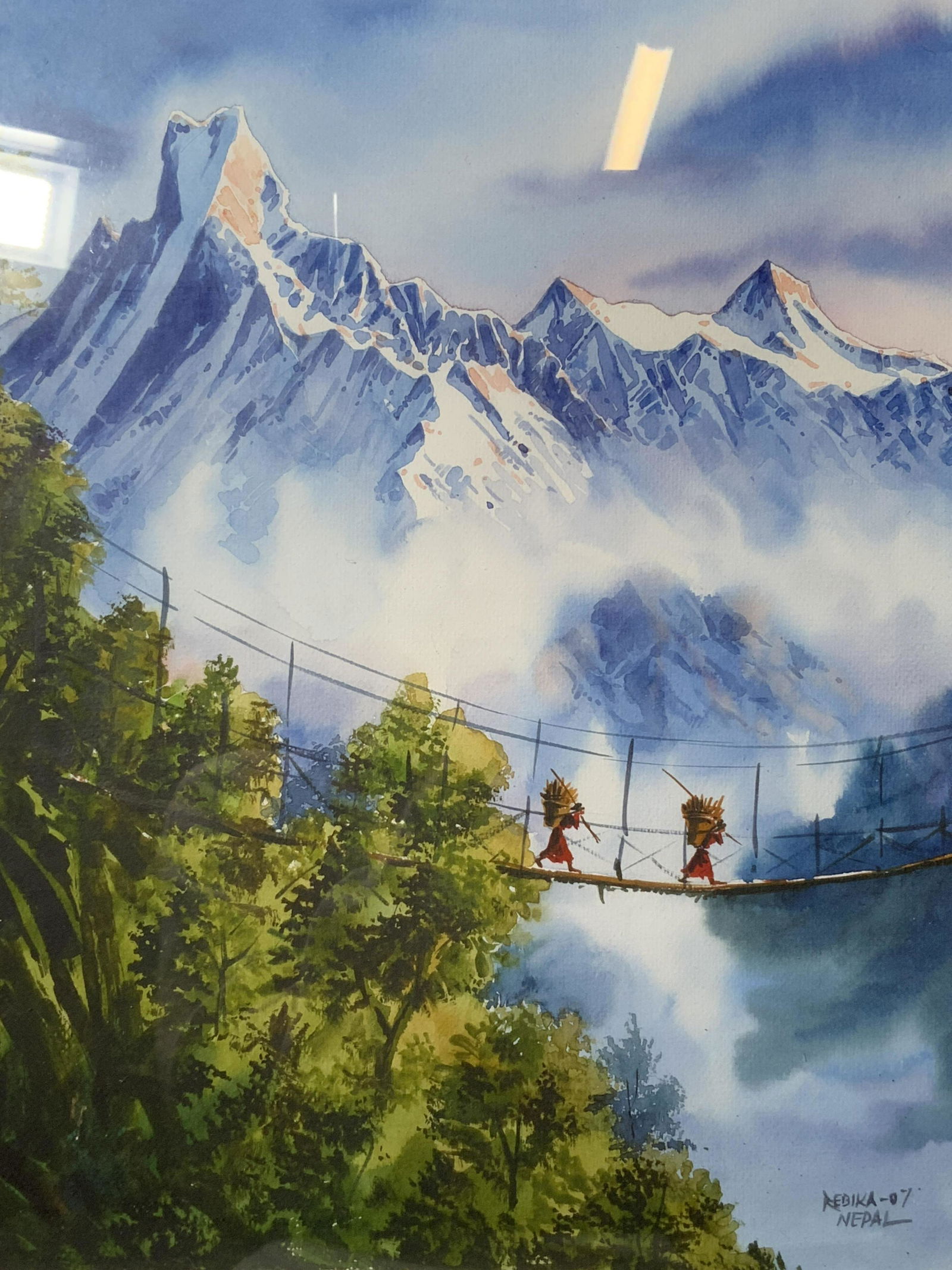 REBIKA Rope Bridge Mountain Watercolor, Nepal (1 of 8)
