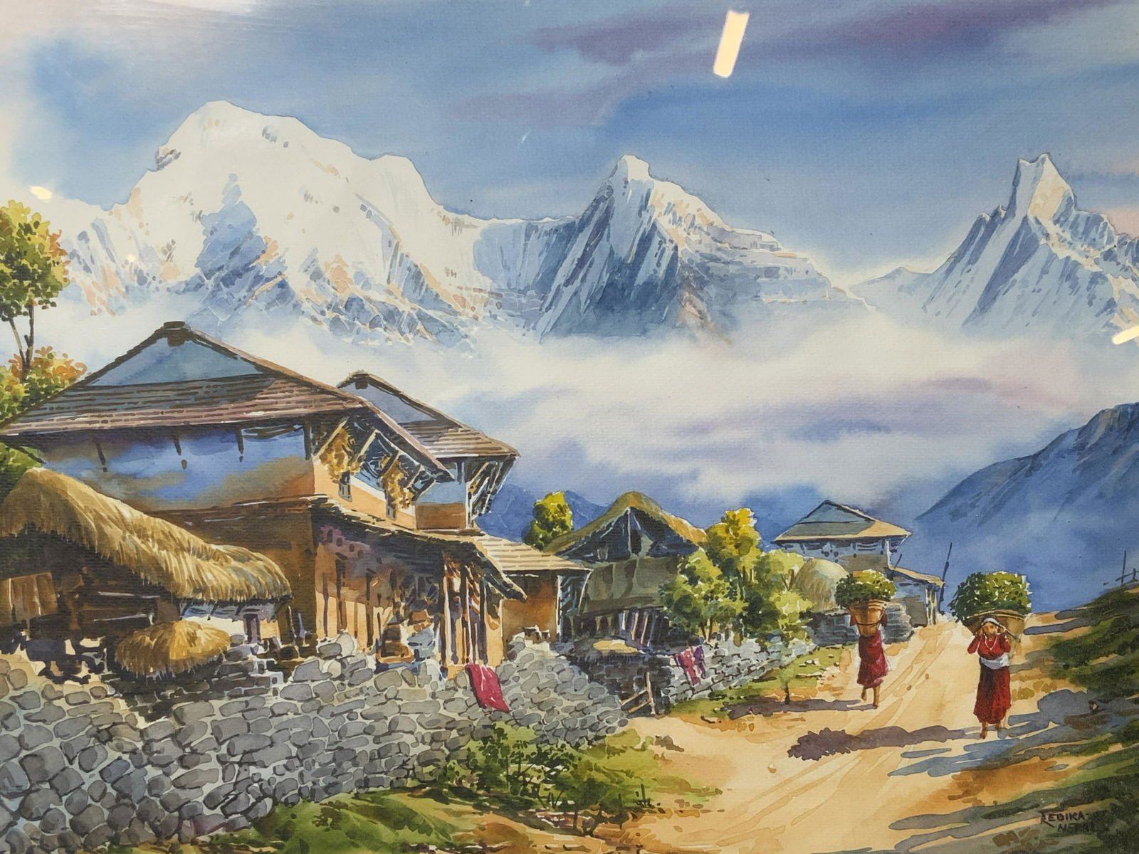 REBIKA SIgned Mountain Village Watercolor, Nepal (1 of 8)