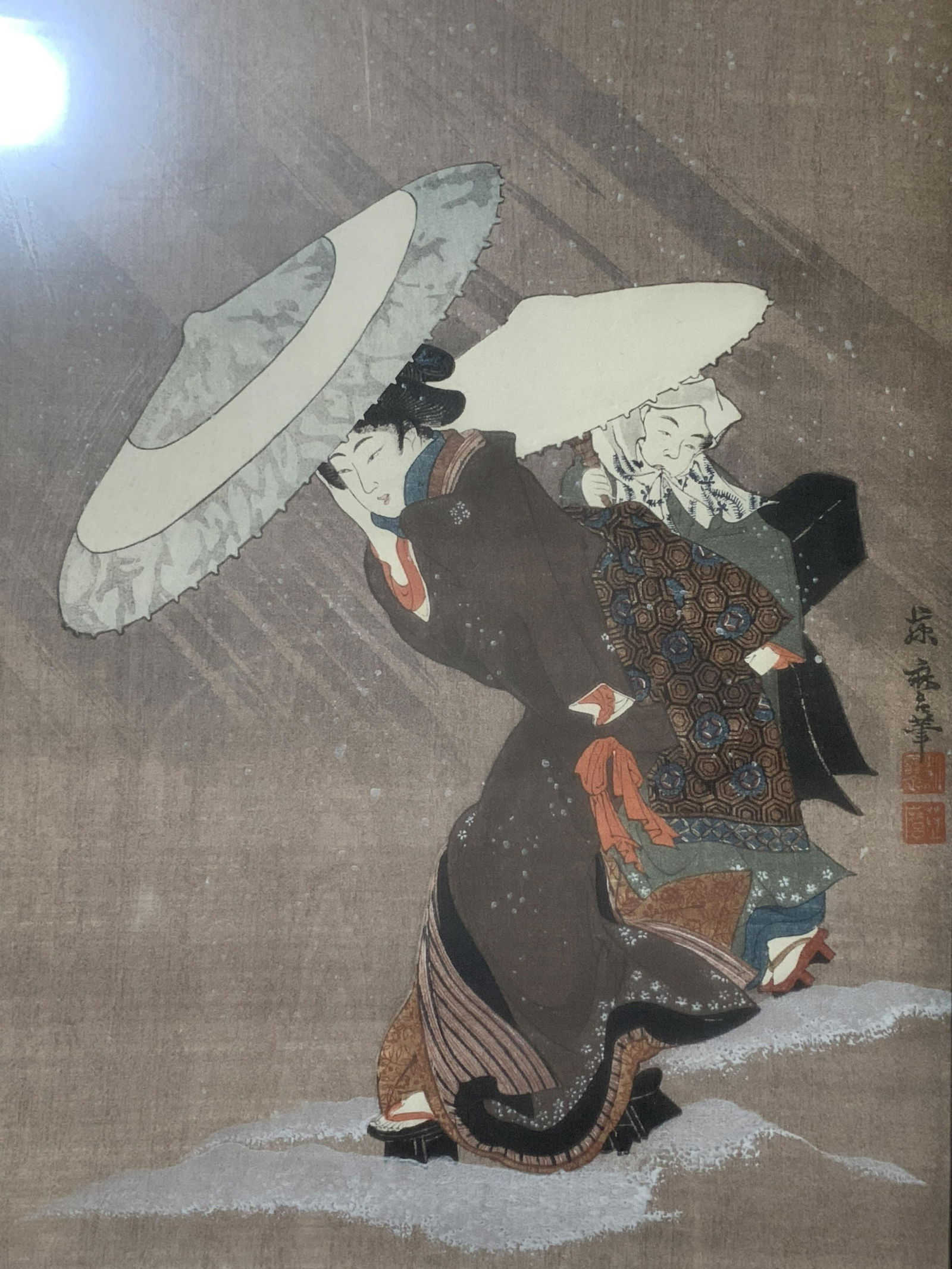 Two Women in the Snow Asian Style Woodblock (1 of 7)