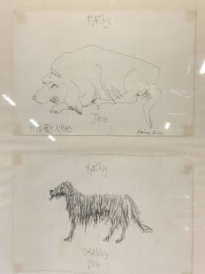 NORMAN BLUHM Ink Illustrations of Dogs: NORMAN BLUHM Ink Illustrations of Dogs, signature reads â€˜MORMAN BLUHMâ€™â€¦ Addressed to Kathy, shows two dogs done in ink, measures 15 1/4 x 20 1/4 inches, silver toned composite frame