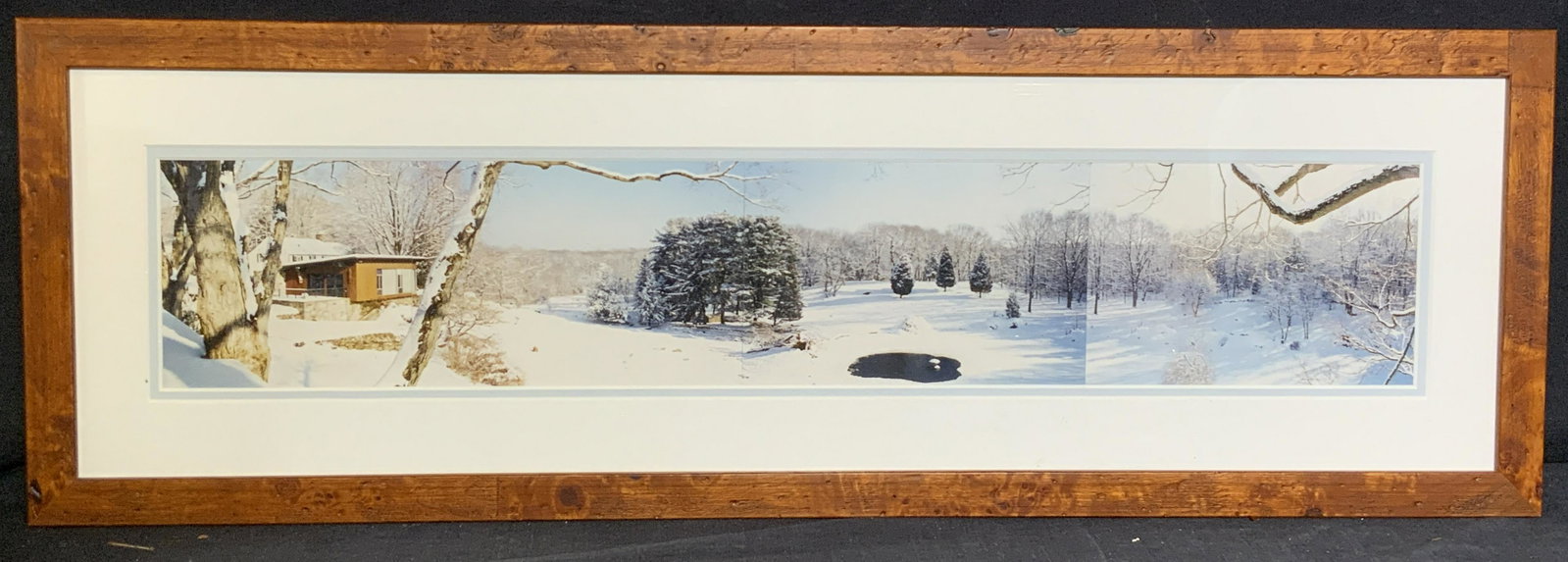 Framed Panoramic View of Snowcapped Yard: Framed Panoramic View of Snowcapped Yard, no apparent signatures, shows a view of a yard capped with snow during winter, there is a small wooden shed and a small pond, the pictures were taken and stac