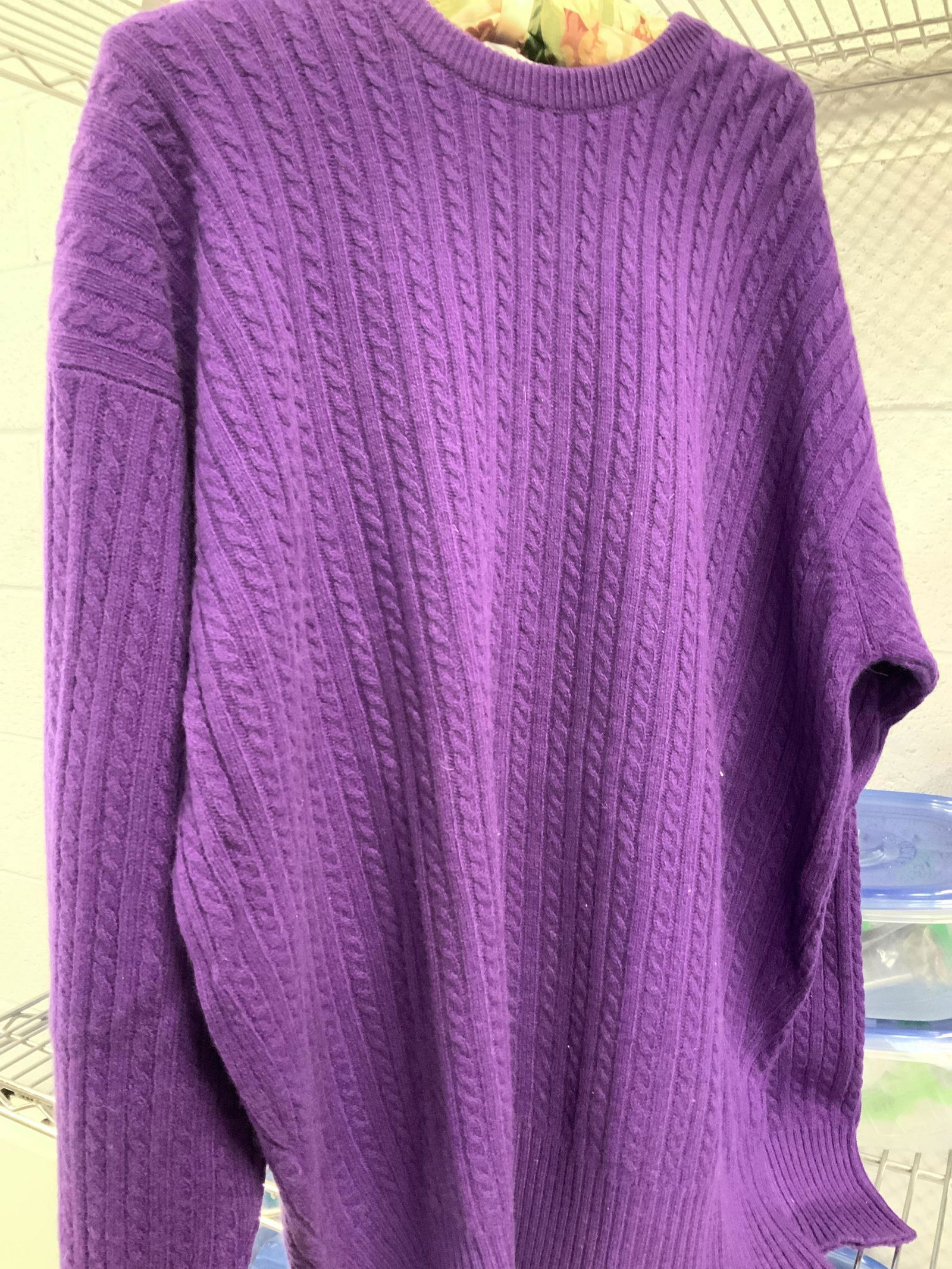 BURBERRYS Cashmere Cable Knit Sweater, Scotland: Deep purple ladies sweater, size XL, 100% cashmere, Made In Scotland. Luxury Label sewn to garment. Candle knit pattern. Property of Trump Tower Manhattan and Bedford, NY Estates-large collection Of l