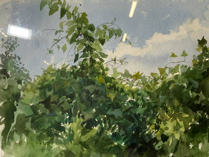 ATTR RICHARD SEGALMAN Grape Vine Watercolor: ATTR RICHARD SEGALMAN Grape Vine Watercolor, signature to lower right reads Segalman, additional details to verso, subject grape vines against a clear sky, frame measures 28 1/2 x 22 1/2 inches, windo