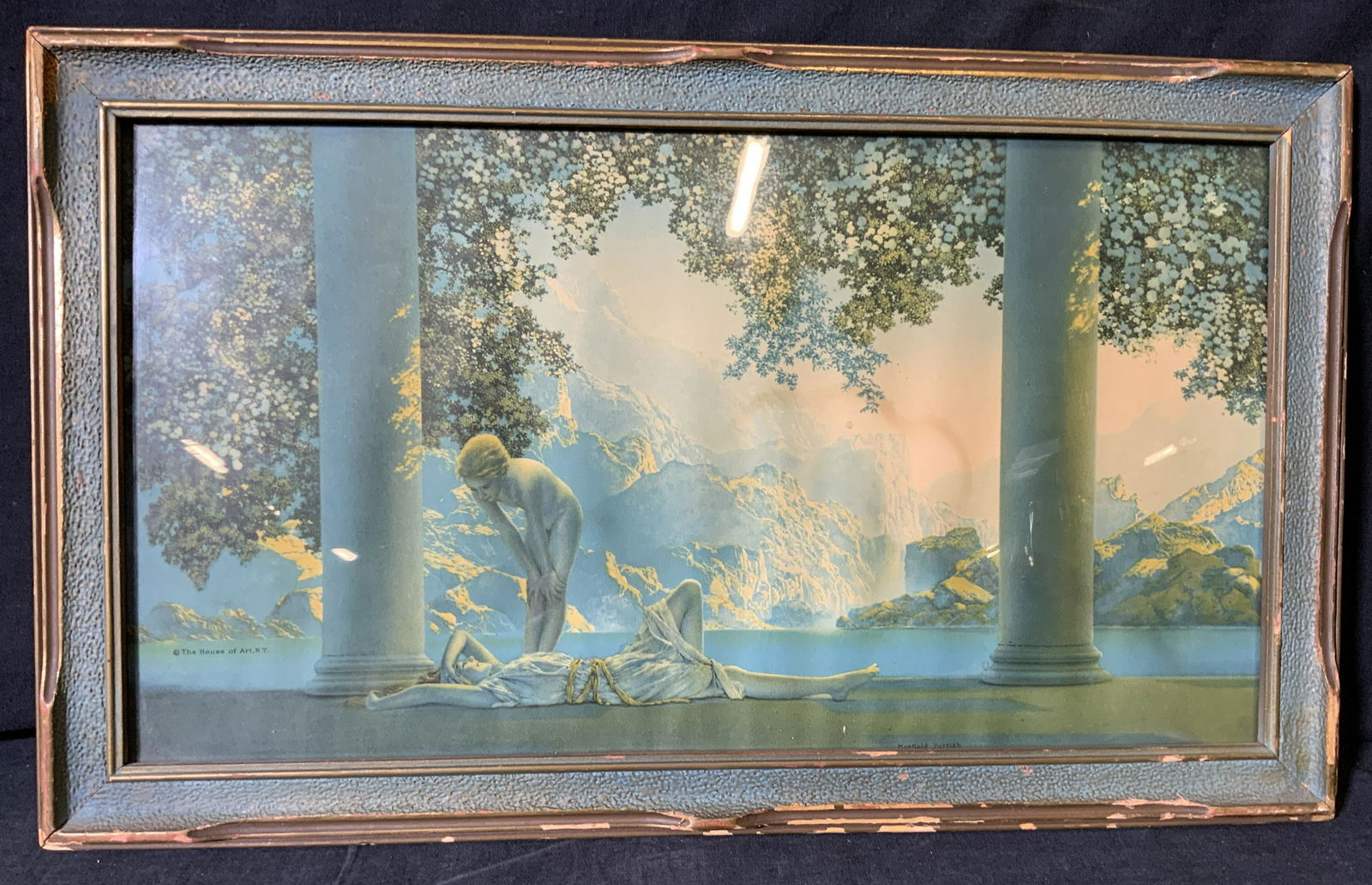 MAXFIELD PARRISH Signed Daybreak Lithograph: MAXFIELD PARRISH Daybreak Lithograph, signature to lower right reads MAXFIELD PARRISH, lower left reads the house of art NY, verso reads Daybreak by MAXFIELD PARRISH, subject a frclined figure being w