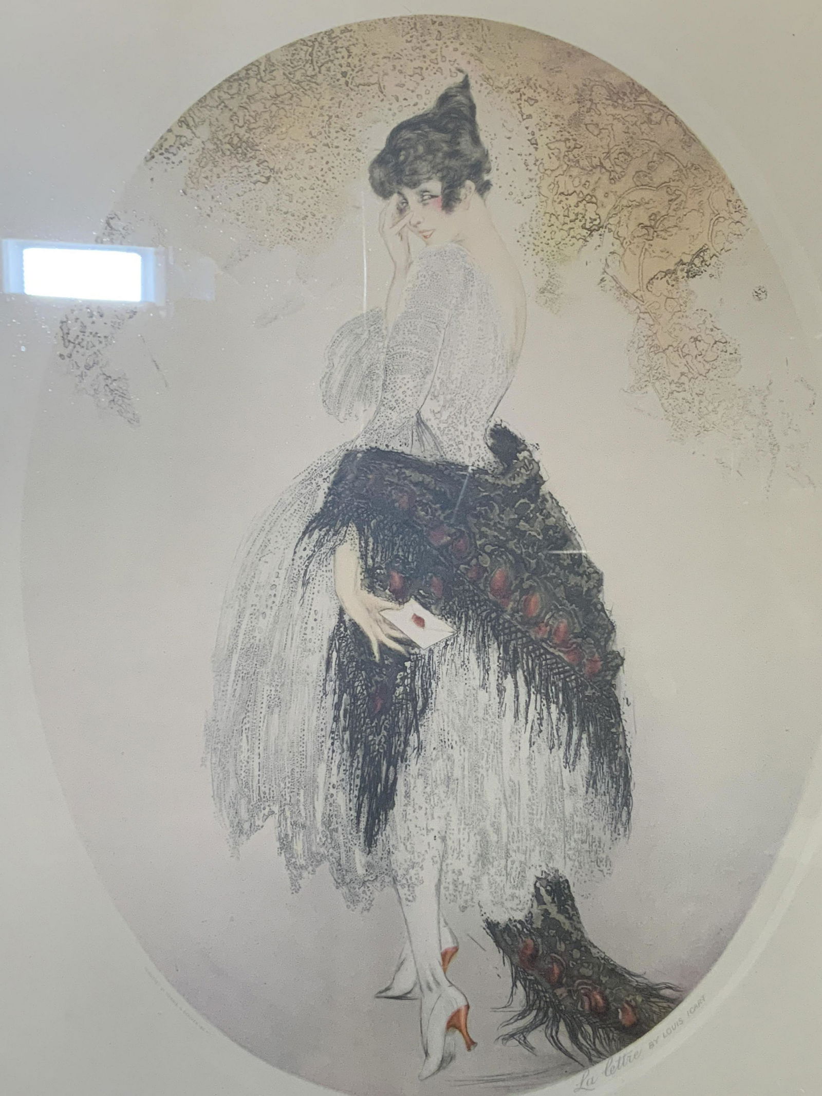 LOUIS ICART La Lettre Aquatint: LOUIS ICART La Lettre Aquatint, marking to lower right repeats La Lettre BY LOUIS ICART, marking to lower left reads published by Morris and Benedict Inc, subject a standing woman with letter in hand,