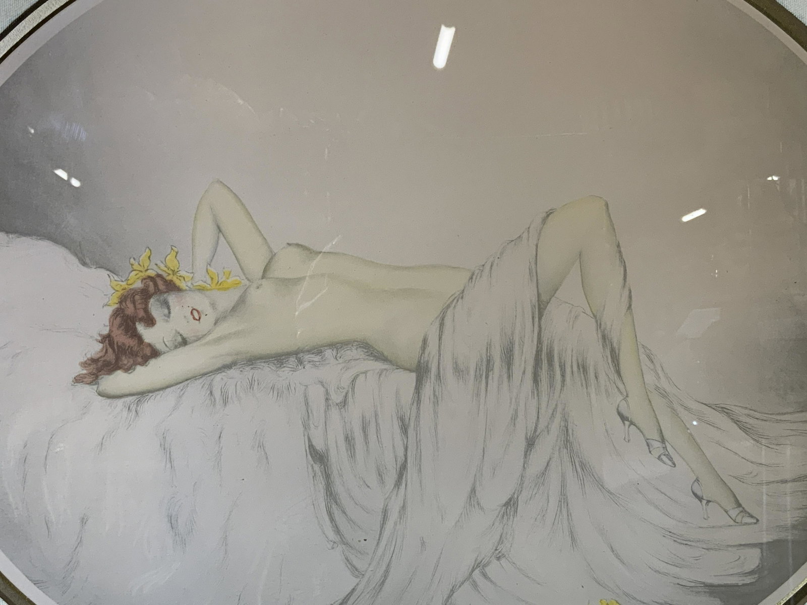 RENART Signed Reclined Nude Aquatint: RENART Reclined Nude Aquatint, signature to lower right reads RENART, subject a reclined nude woman, frame measures 27 1/2 x 23 1/2 inches, ovular window measures 20 x 16 1/4 inches, framed in midtone