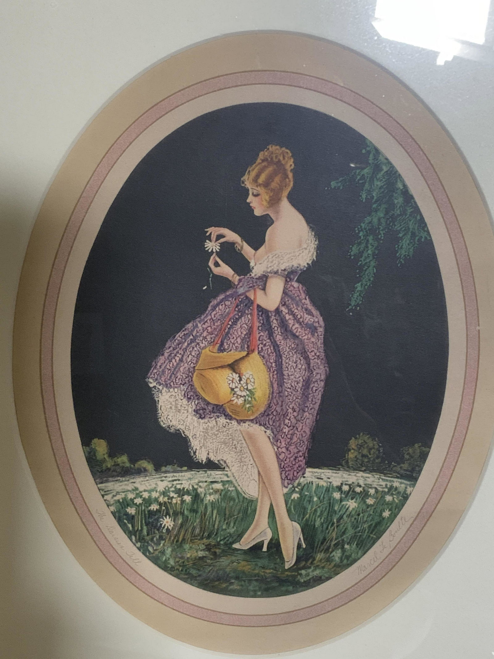 MARCEL LE BOULTE 1920s The Daisies Tell Litho: MARCELL LE BOULTE 1920s The Daisies Tell Litho, inscriptions to rim of oval read THE DAISIES TELLâ€¦ MARCEL LE BOULTE, subject a a chic young woman walking through a park while plucking the petals