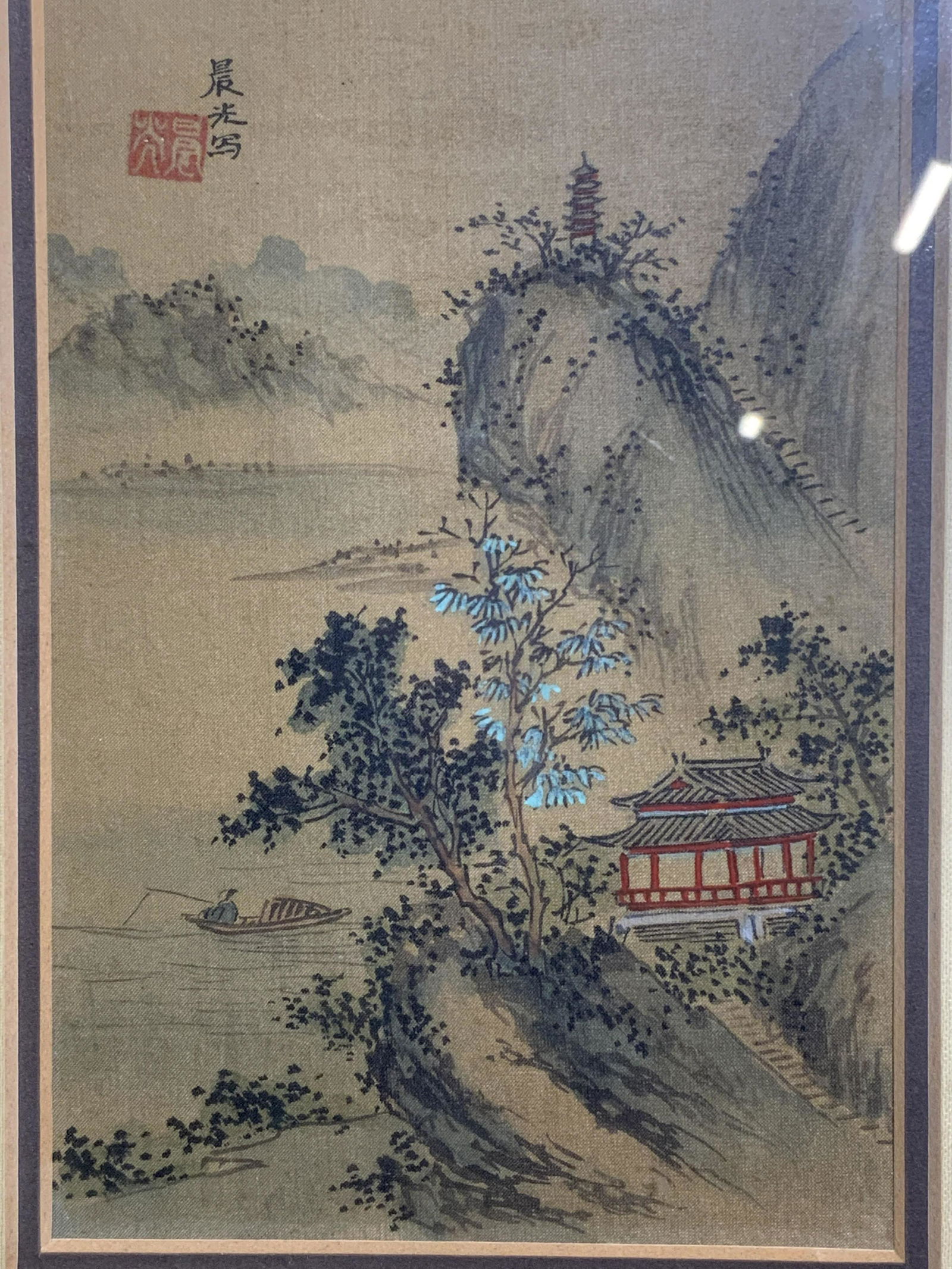 Framed Asian Silk Painting of Temple & Landscape (1 of 9)