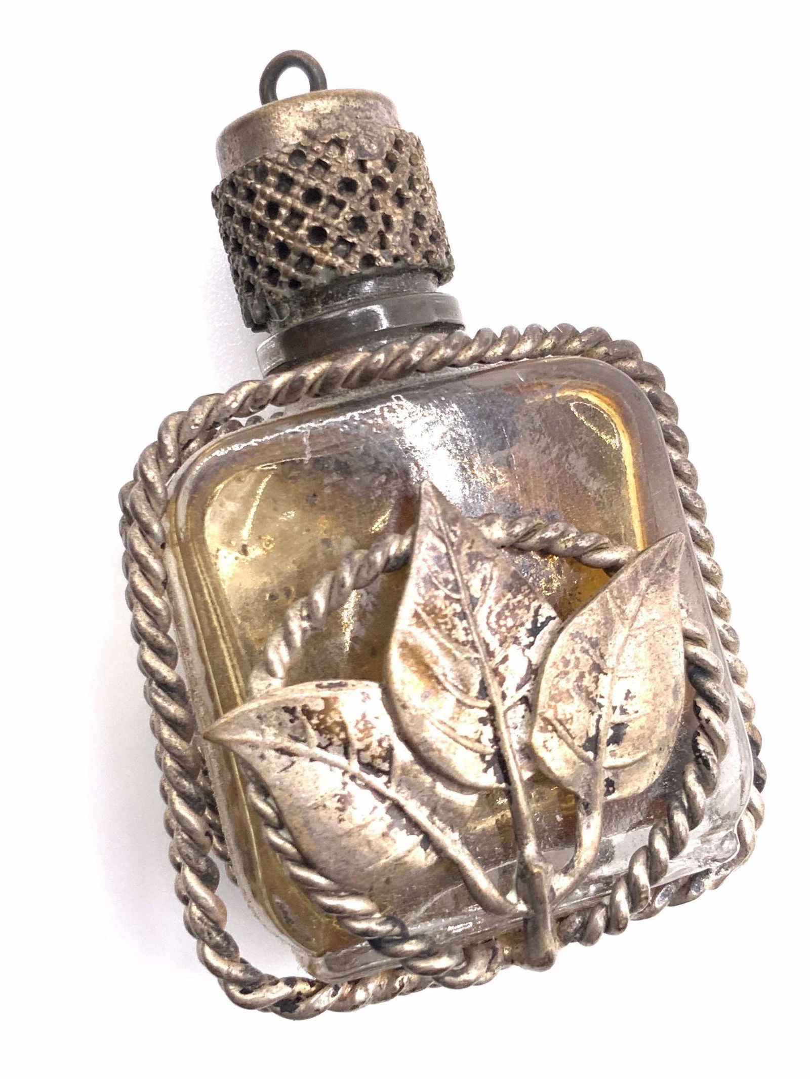 Vntg Silver Tn Metal Glass Perfume Bottle Pendant (1 of 11)
