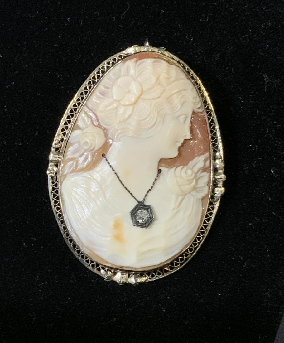Large Cameo Brooch/Pendant w Diamond, Box (1 of 7)