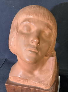 Terra Cotta Bust M Real del Sarte, France: Maxime REAL DEL SARTE (1888-1954) : Head of a Young Girl. Terra Cotta Signed. French sculptor signed bust, Terra Cotta on ceramic block made to look like wood. Signed on side M. Real del Sarte and on