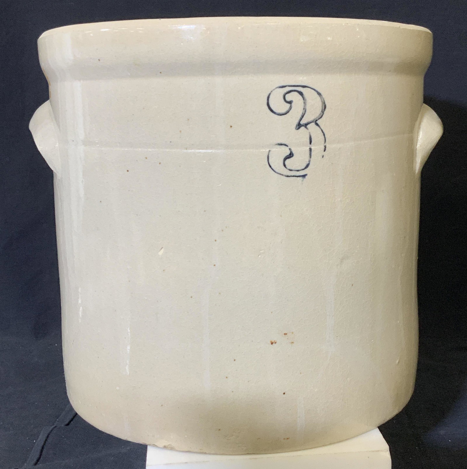 Collectible Glazed Ceramic Pickling Crock: Large picking jar, interior brown, exterior beige. glaze Crazing . Has shallow handles and marked 3 shallow carry handles, , measures 10.5 in. Ht, 11 in. Diameter, chip to lower rim and interior rim. 