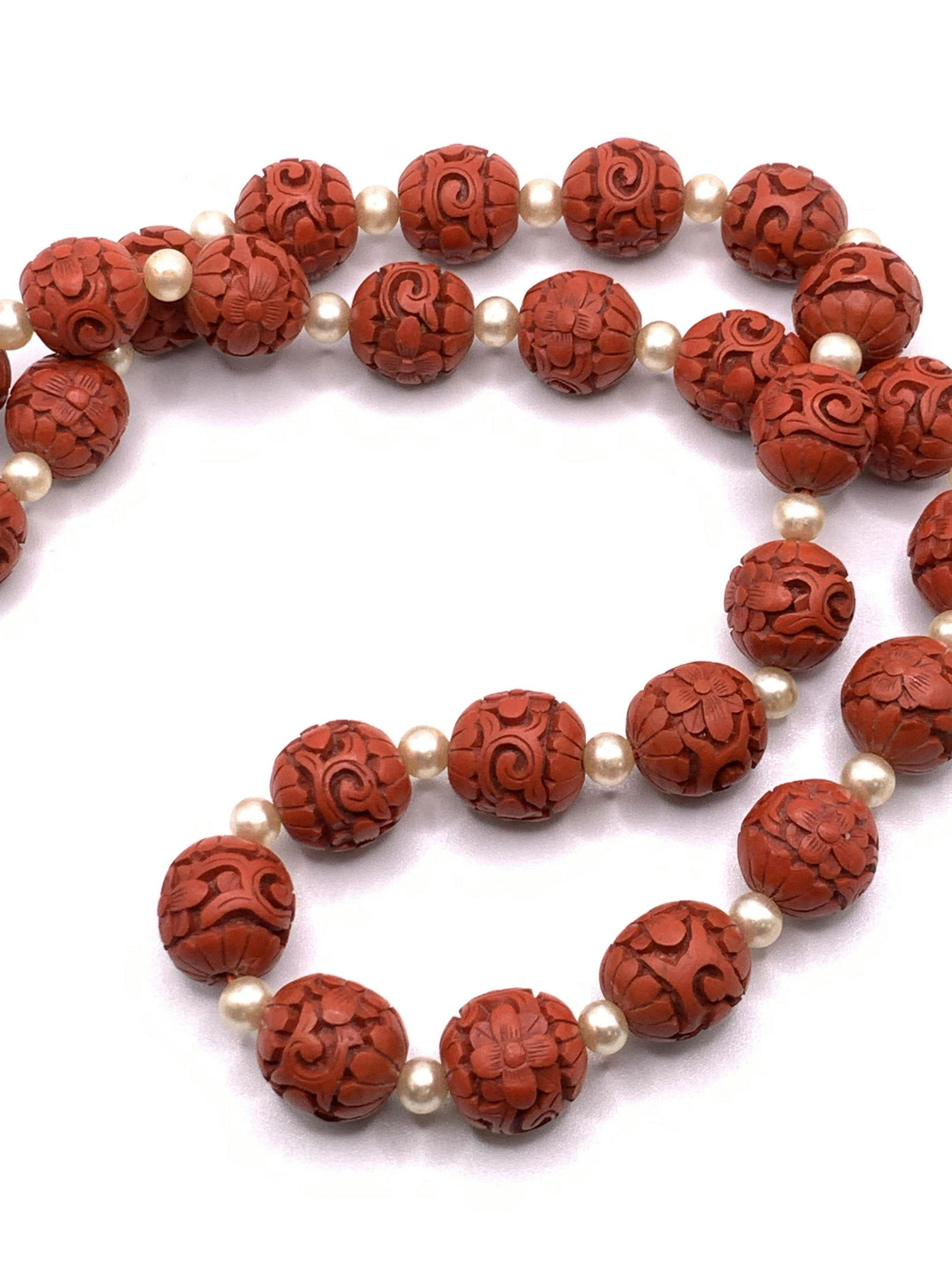 CINNABAR & Faux Pearl Necklace w Silver clasp (1 of 6)