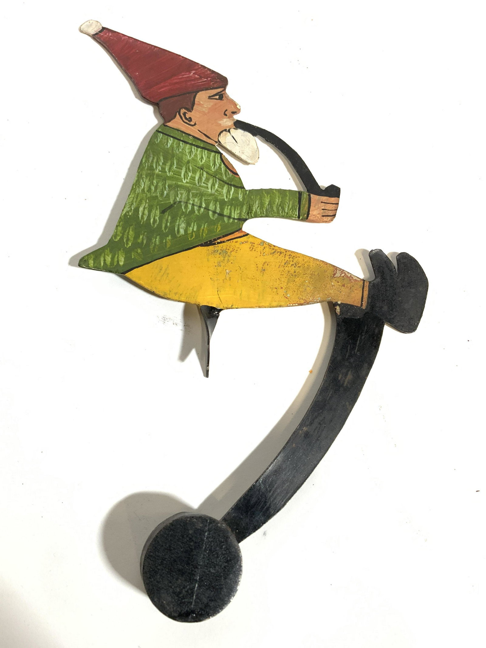 Vintage Hand Painted Metal Whirligig Piece: Whirligig piece is vintage. Piece is Handpainted and metal. Appears to depict a small male figure wearing a hat, green sweater & yellow pants. Piece measures approx 9.5 inches tall 5 inches wide. Whir