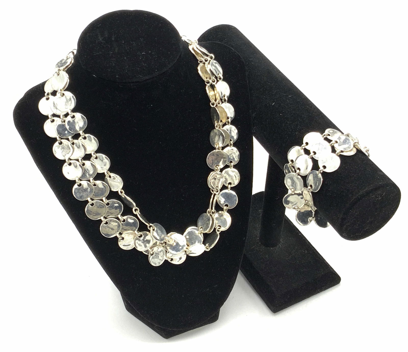 Set Polished Silver Tone Disc Necklace & Bracelet (1 of 8)