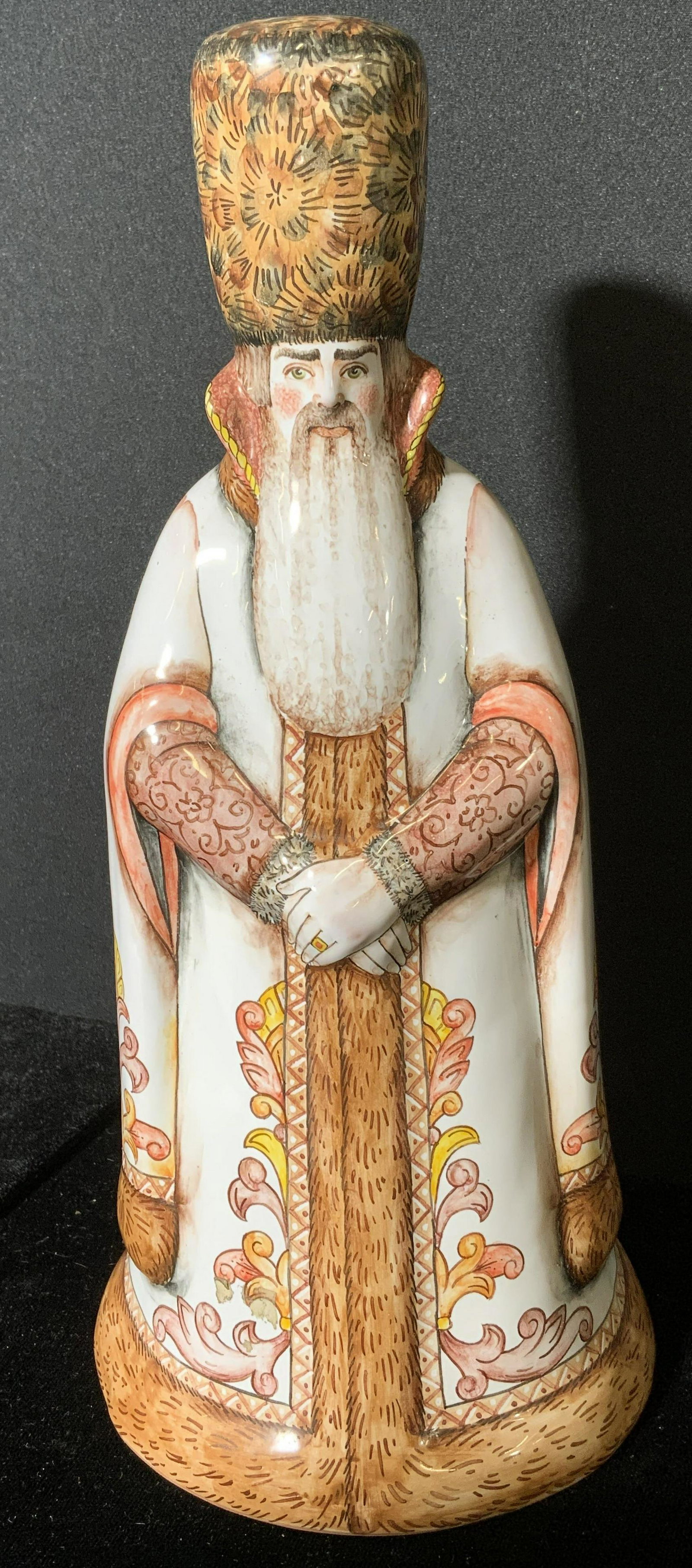 Hand Painted Earthenware Bell Figural: Hand painted earthenware bell, possibly vintage. Depicts a bearded, robed man. Earthenware is glazed. Wear is consistent with age. Measures approx 10.5 inches h and 5 inches w. Home decor, decorative 
