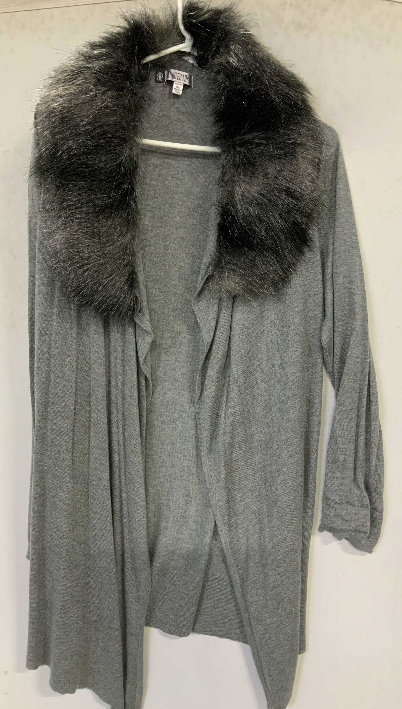 Jennifer Lopez Long Knit Cardigan with faux Fur.: Grey knit nylon and viscose with grey faux fur collar, collar buttons on and off. One size, plus size ( OX), 36 in. Long. No issues. Ladies Wearables, Contemporary Fashion, Sweater, ladies vintage wea