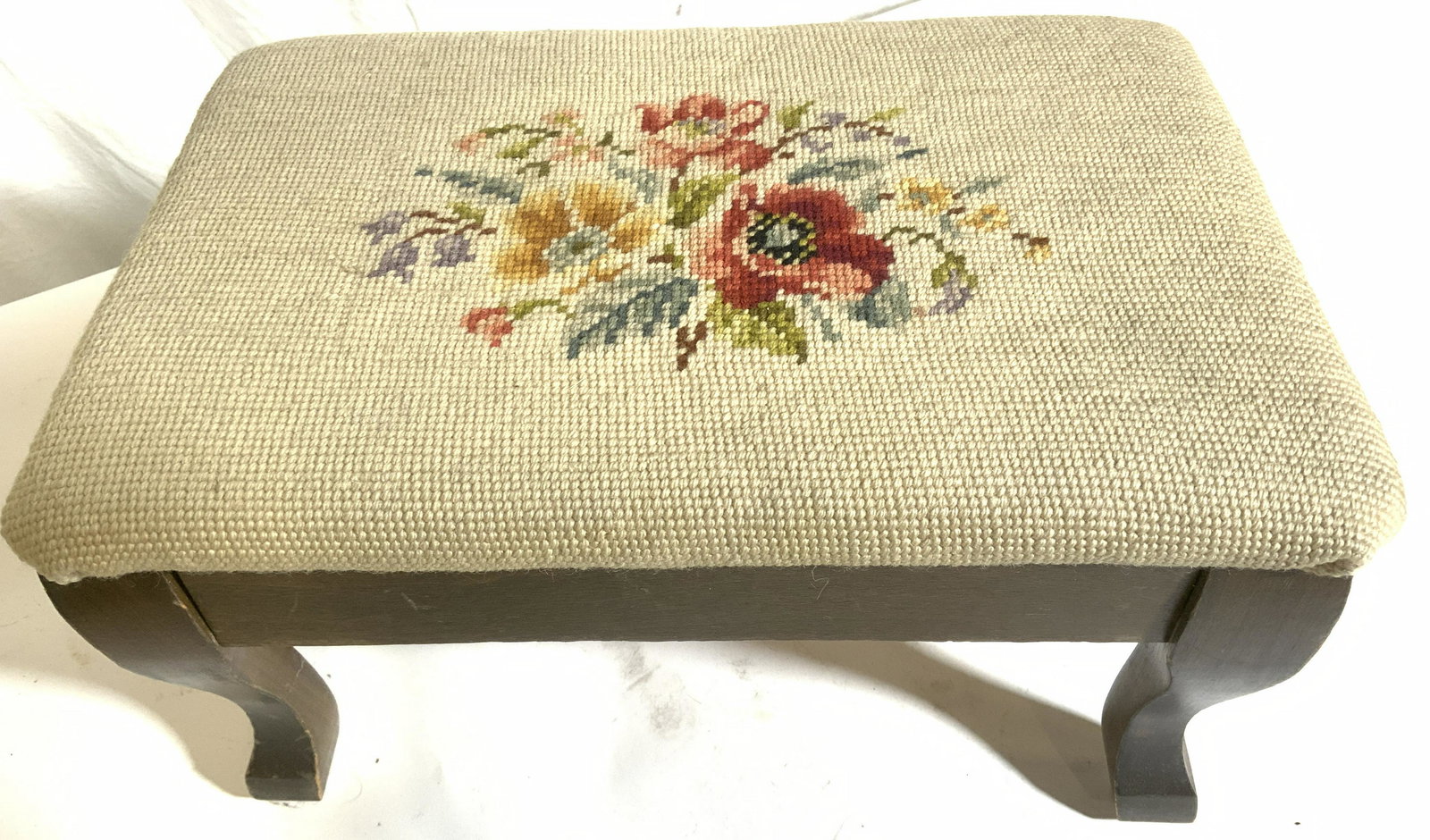 Vintage Needlepoint Footstool W Floral Detail (1 of 8)
