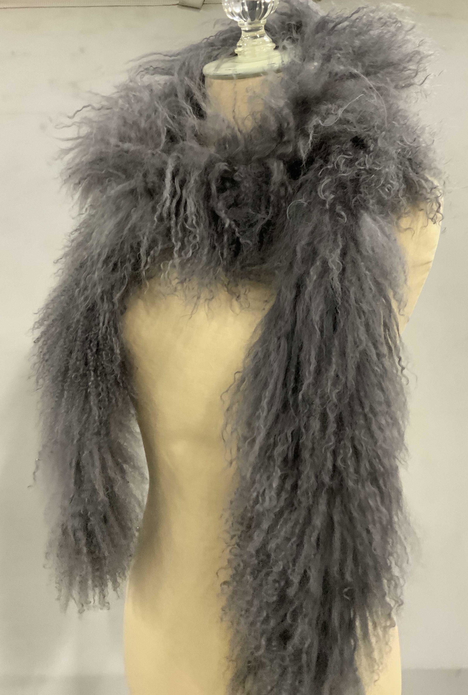 ADRIENNE LANDAU Mongolian Lamb Grey Scarf: LANDAU Mongolian Lamb Grey Scarf, tag reads LANDAUâ€¦ MONGOLIAN LAMBâ€¦, 5 inches x 83 inches, wear consistent with age and use. Ladies scarf, ladies wool scarf, ladies wearables, ladies scarf
