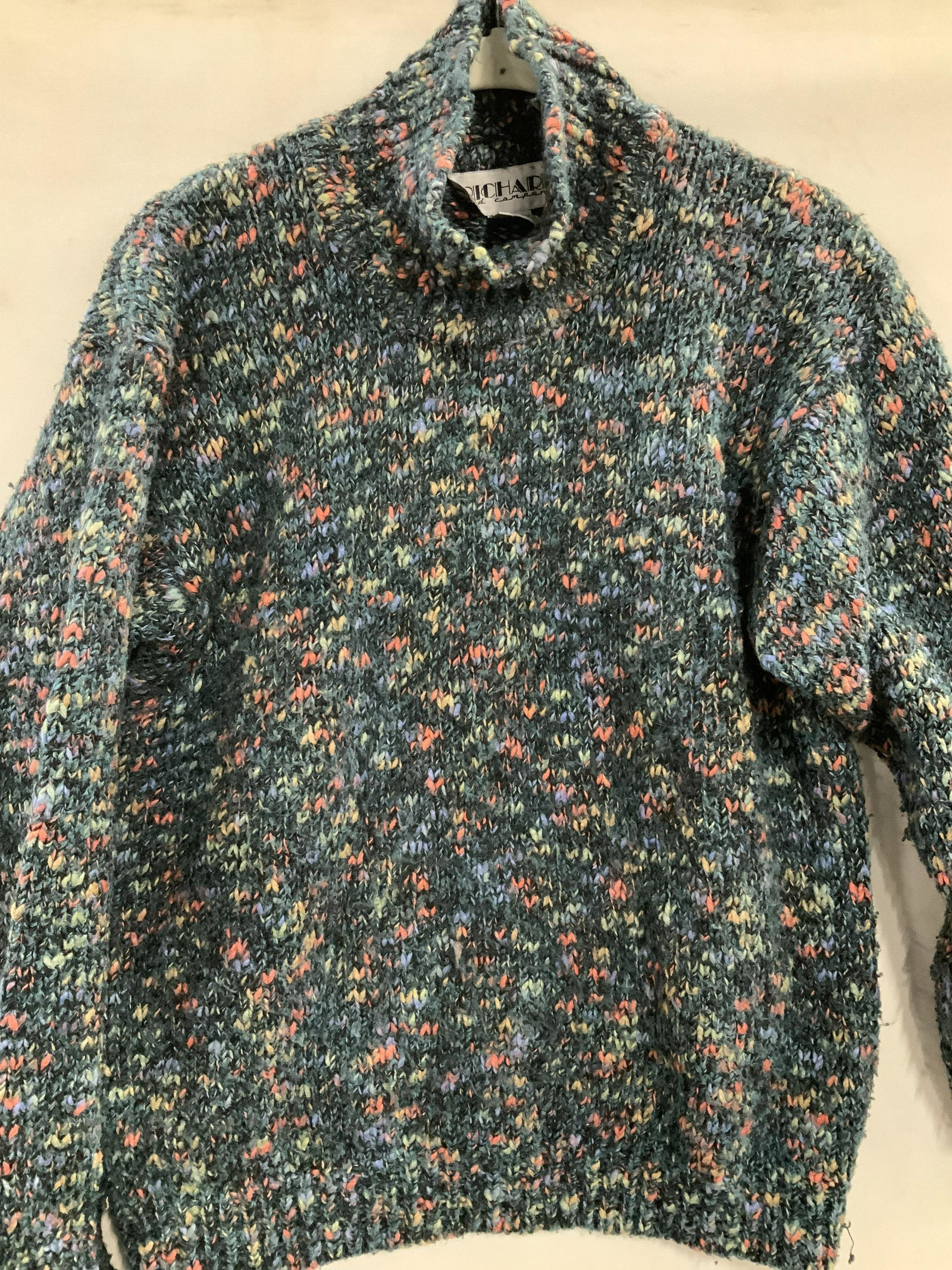 RICHARD & CO. Cotton Acrylic Winter Sweater: A beautiful knit sweater, primarily forest green with touches of light green , violet and peach yarn to create a flattering patterns. High crew neck/ mock turtleneck, size medium. Ladies sweaters, lad