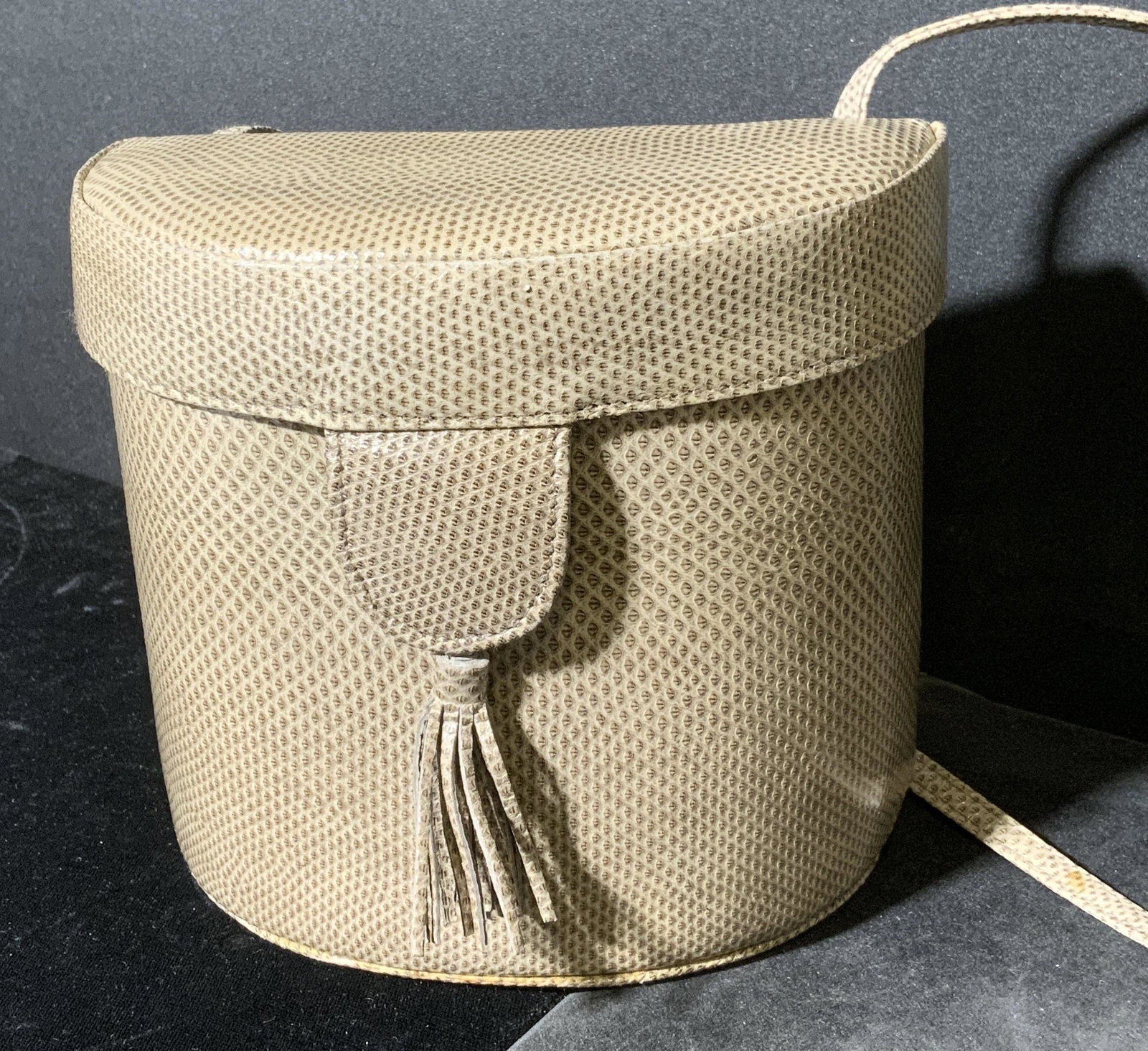 Snake Skin Style Satchel: Snake skin style satchel. Lid secures with a magnetic clasp. Wear is consistent with age and use. Measures approx 5.75 inches h and 6.25 inches w. Home decor, decorative accessories, decorative arts, 