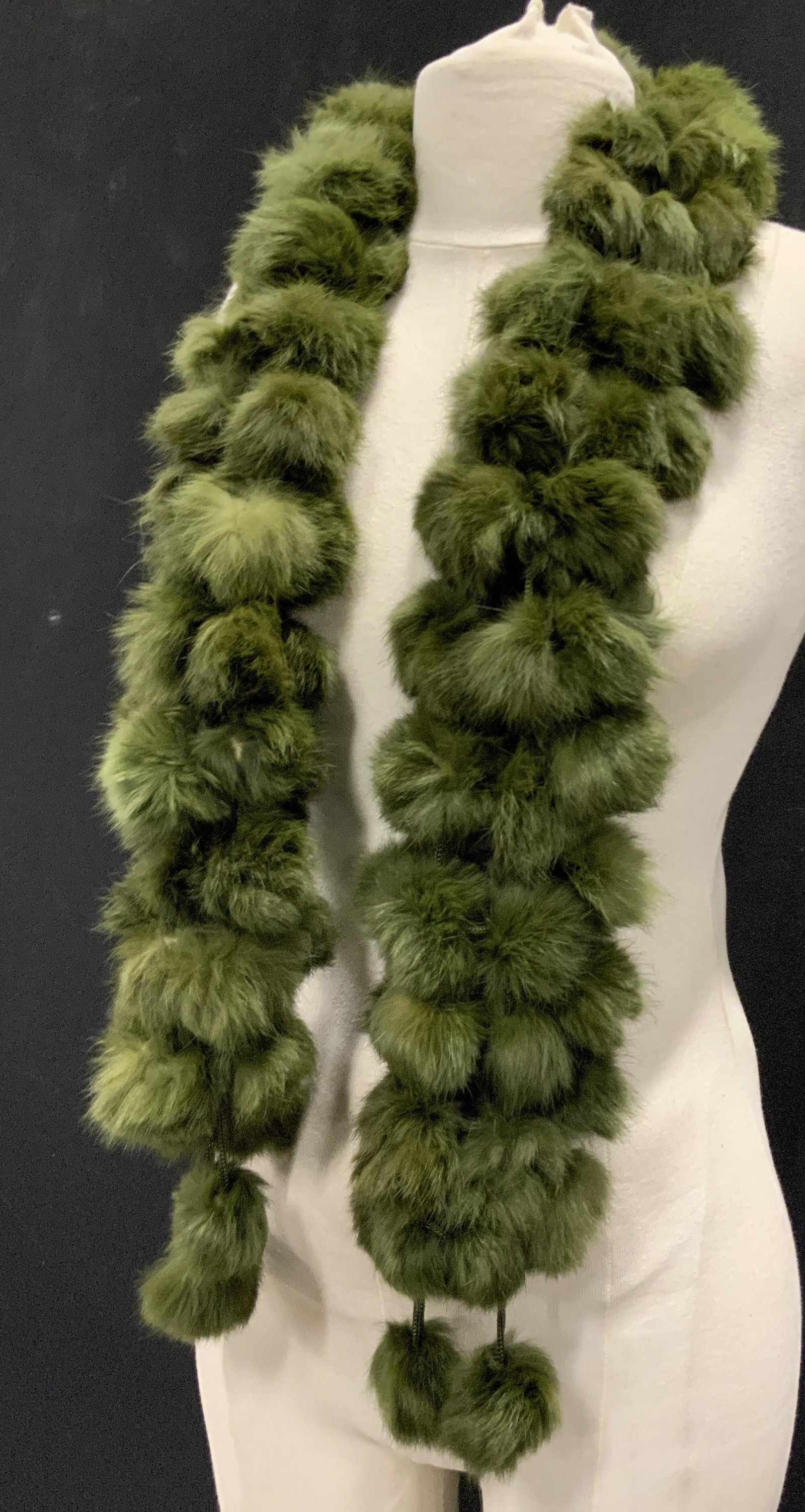 Vintage Dyed Rabbit Pom Pom Scarf: Vintage Dyed Rabbit Pom Pom Scarf, no apparent tags, measures approx 6 1/2 x 54 inches, wear consistent with age and use. Ladies scarf, ladies wool scarf, ladies wearables, ladies scarf, ladies wood a