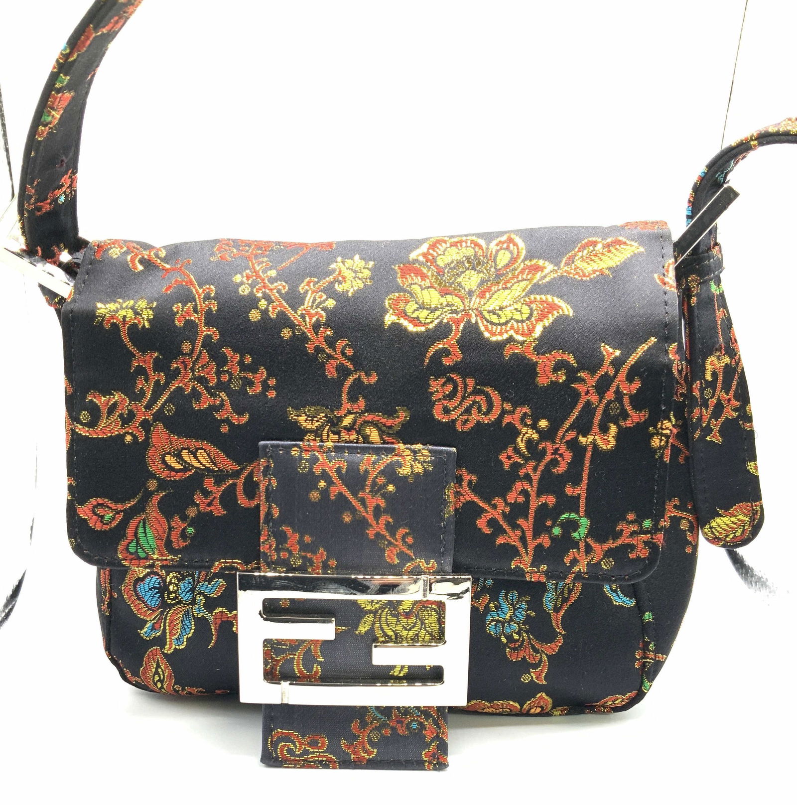Fendi Style Asian Fabric Baguette: Silver toned FF Fendi snap clasp, removable strap from buckle, black with embroidered Asian decor, never used, bag measures 8 x 6 in. Property of Trump Tower Manhattan NY Asian Baguette, Fendi Style B