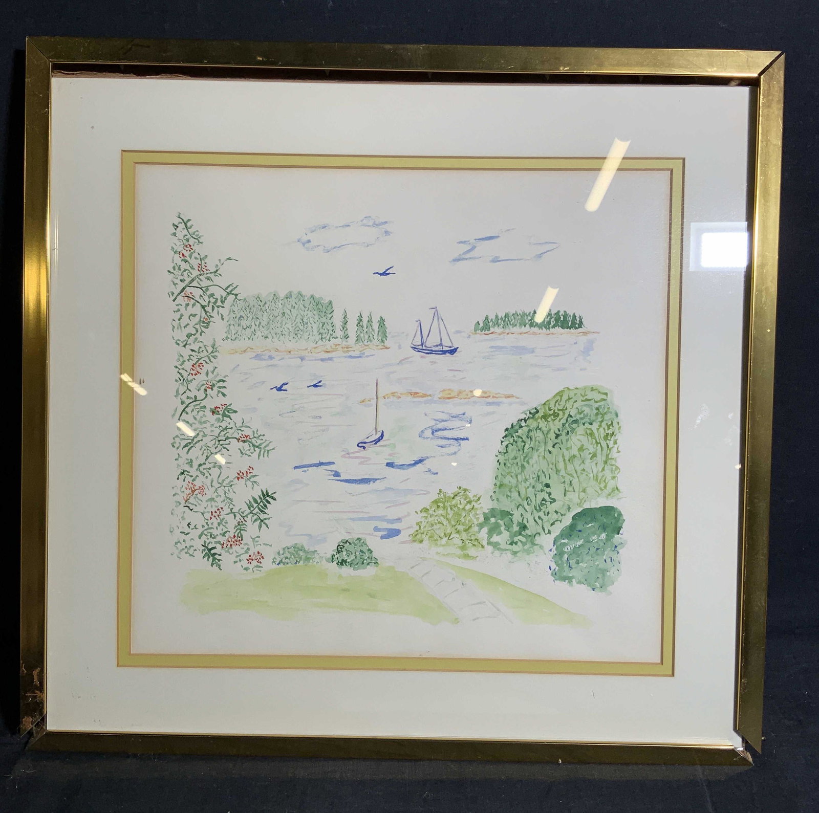 Framed Watercolor Seascape with Flying Birds: Framed Watercolor Seascape with Flying Birds & Boats, no apparent signatures, shows a water view, with sail boats and birds flying, frame measures 18 x 17 inches, gold toned composite frame, surface w