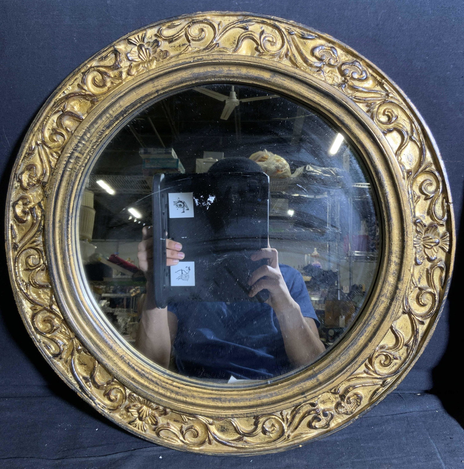 Antique Style Ornate Gold Toned Accent Mirror: Antique Style Ornate Gold Toned Accent Mirror, measures 17 1/8 inches in diameter, wear consistent with age and use, Mirrors, home decor, decorative mirrors, wall decor, bedroom decor, bathroom decor,