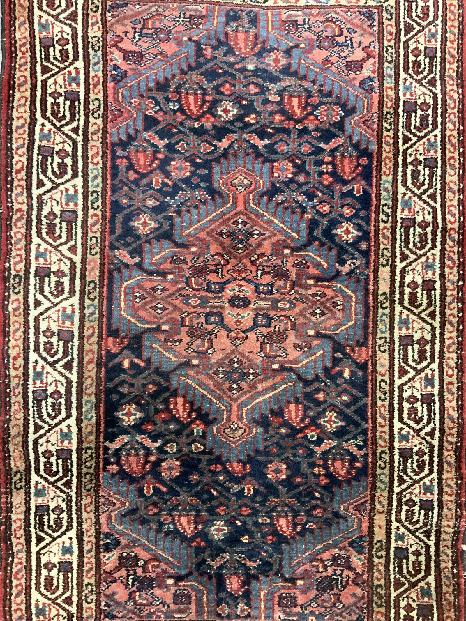 Vintage Handmade Turkish Wool Rug: Rug is handmade and wool. Piece is vintage possibly antique. Rug appears to be TURKISH. Piece has intricate multi toned geometric detail. Rug measures approx 48 inches long 29 inches wide. Rug, carpet