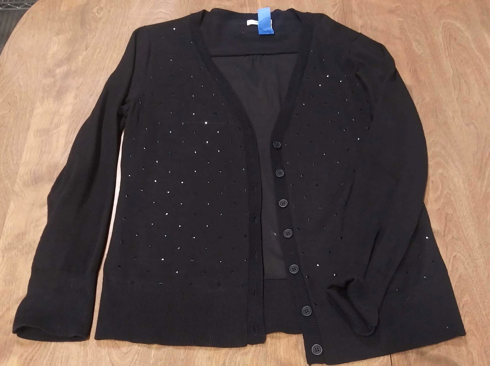 DKNY JEANS Black Dressy Cardigan: Cotton and knot cardigan, ladies size L, all black, with subtle black bead/ sequin-like design. Button down. Well cared for pre owned garment. Sweater, Cardigan sweater, DKNY JEANS cardigan, DRESSY wo