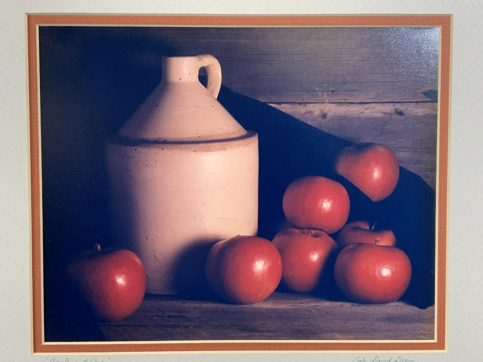 JOHN DAVID GEERY Signed Still Life Photograph: JOHN DAVID GEERY Signed Still Life Photograph, signature to lower right reads JOHN DAVID GEERY, title of work to lower left reads Apples & Jug, measures 15 1/4 x 13 1/4 inches, silver toned composite 