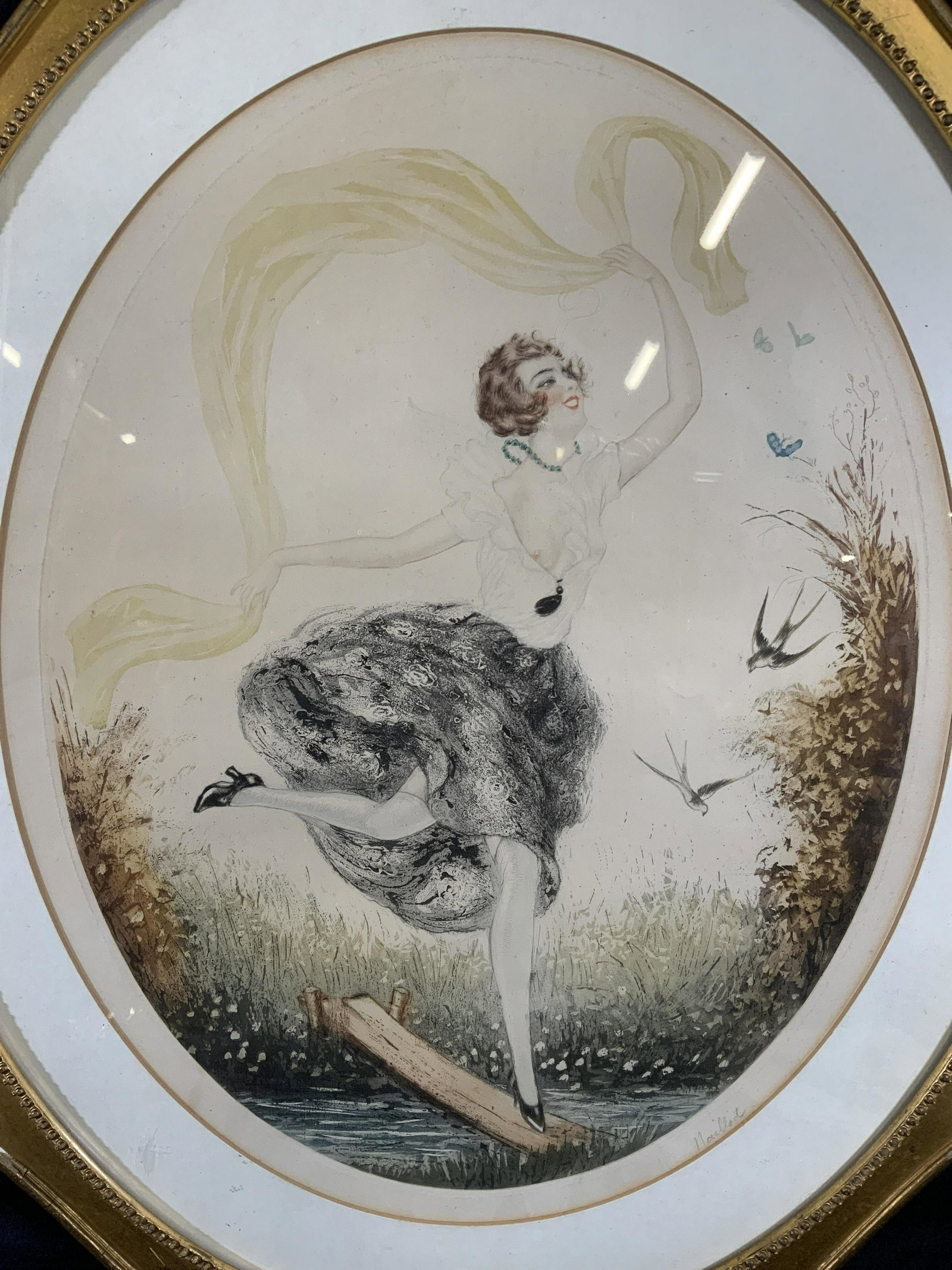 Signed Art Deco Aquatint Drypoint Etching: Signed Art Deco Aquatint Drypoint Etching, signature to lower right illegible, subject a woman partly nude walking on a plank while waving a long scarf in the air, measures 20 x 24 1/2 inches, gold to