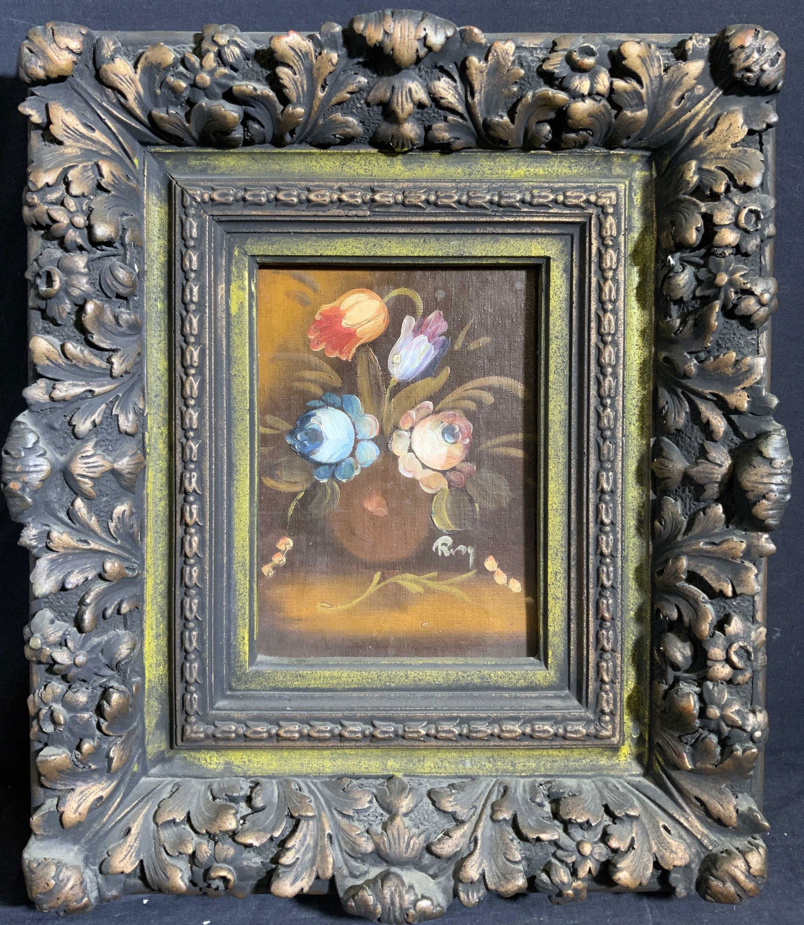 Antique Frame Signed Still Life of Flower Vase (1 of 12)