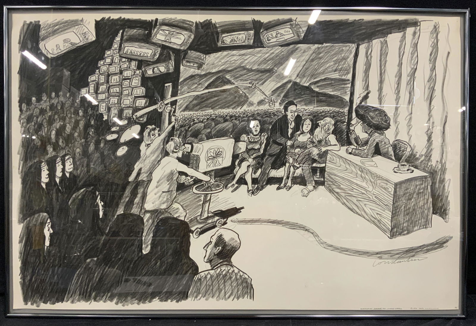 GREG CONSTANTINE Signed Graphite Illustration 1984: GREG CONSTANTINE Signed Graphite Illustration 1984, Questioning Answers for Johnny Carnak, Signature to lower right of work, inscriptions to lower right read QUESTIONING ANSWERS FOR JOHNNY CARNAK, 198