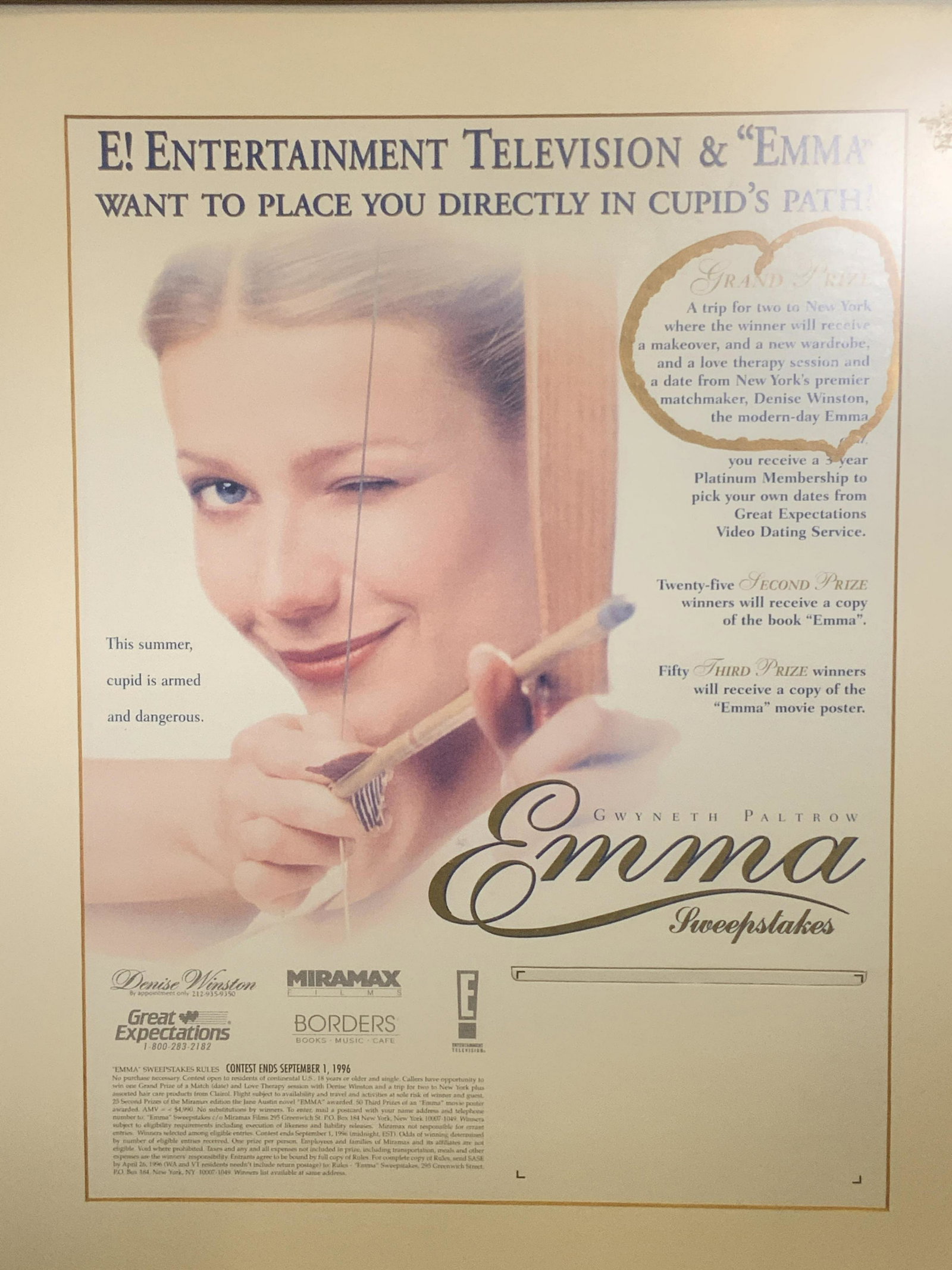 1996 Collectibles EMMA Film Sweepstakes Framed Ad: 1996 Collectibles EMMA Film Sweepstakes Framed Ad, framed poster of 1996 Film, Emma, where Fans were allowed to enter a contest and win different prizes, first place included a trip to NYC where the w