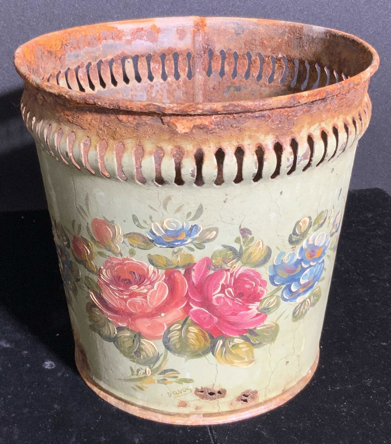 Signed Vintage Hand Painted Floral Tole Cachepot (1 of 12)